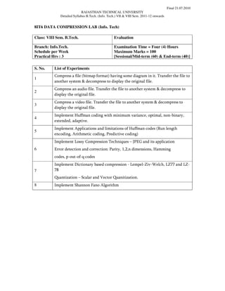 Final 21.07.2010
                             RAJASTHAN TECHNICAL UNIVERSITY
              Detailed Syllabus B.Tech. (Info. Tech.) VII & VIII Sem. 2011-12 onwards


8IT6 DATA COMPRESSION LAB (Info. Tech)

Class: VIII Sem. B.Tech.                          Evaluation

Branch: Info.Tech.                                Examination Time = Four (4) Hours
Schedule per Week                                 Maximum Marks = 100
Practical Hrs : 3                                 [Sessional/Mid-term (60) & End-term (40)]

S. No.    List of Experiments
          Compress a file (bitmap format) having some diagram in it. Transfer the file to
1
          another system & decompress to display the original file.
          Compress an audio file. Transfer the file to another system & decompress to
2
          display the original file.
          Compress a video file. Transfer the file to another system & decompress to
3
          display the original file.
          Implement Huffman coding with minimum variance, optimal, non-binary,
4
          extended, adaptive.
          Implement Applications and limitations of Huffman codes (Run length
5
          encoding, Arithmetic coding, Predictive coding)
          Implement Lossy Compression Techniques – JPEG and its application
6         Error detection and correction: Parity, 1,2,n dimensions, Hamming
          codes, p-out-of-q codes
          Implement Dictionary based compression - Lempel-Ziv-Welch, LZ77 and LZ-
7         78
          Quantization – Scalar and Vector Quanitization.
8         Implement Shannon Fano Algorithm
 