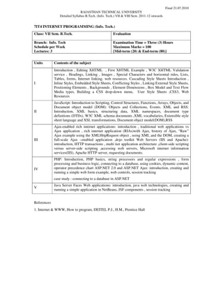 Final 21.07.2010
                                RAJASTHAN TECHNICAL UNIVERSITY
                 Detailed Syllabus B.Tech. (Info. Tech.) VII & VIII Sem. 2011-12 onwards


7IT4 INTERNET PROGRAMMING (Info. Tech.)
Class: VII Sem. B.Tech.                              Evaluation

Branch: Info. Tech                                   Examination Time = Three (3) Hours
Schedule per Week                                    Maximum Marks = 100
Lectures: 3                                          [Mid-term (20) & End-term (80)]


Units        Contents of the subject
             Introduction , Editing XHTML , First XHTML Example , W3C XHTML Validation
             service , Headings, Linking , Images , Special Characters and horizontal rules, Lists,
             Tables, forms, Internet linking, web resources. Cascading Style Sheets Introduction ,
I            Inline Styles, Embedded Style Sheets, Conflicting Styles , Linking External Style Sheets,
             Positioning Elements , Backgrounds , Element Dimensions , Box Model and Text Flow
             Media types, Building a CSS drop-down menu, User Style Sheets ,CSS3, Web
             Resources
             JavaScript: Introduction to Scripting, Control Structures, Functions, Arrays, Objects, and
             Document object model (DOM): Objects and Collections, Events. XML and RSS:
II           Introduction, XML basics, structuring data, XML namespaces, document type
             definitions (DTDs), W3C XML schema documents ,XML vocabularies, Extensible style
             sheet language and XSL transformations, Document object model(DOM),RSS
             Ajax-enabled rich internet applications: introduction , traditional web applications vs
             Ajax application , rich internet application (RIAs)with Ajax, history of Ajax, “Raw”
             Ajax example using the XMLHttpRequest object , using XML and the DOM, creating a
III          full-scale Ajax –enabled application ,dojo toolkit Web Servers (IIS and Apache):
             introduction, HTTP transactions , multi tier application architecture ,client-side scripting
             versus server-side scripting ,accessing web servers, Microsoft internet information
             services(IIS), Apache HTTP server, requesting documents.
             PHP: Introduction, PHP basics, string processors and regular expressions , form
             processing and business logic, connecting to a database, using cookies, dynamic content,
IV           operator precedence chart ASP.NET 2.0 and ASP.NET Ajax: introduction, creating and
             running a simple web form example, web controls, session tracking
             case study : connecting to a database in ASP.NET
             Java Server Faces Web applications: introduction, java web technologies, creating and
V
             running a simple application in NetBeans, JSF components , session tracking


References
1. Internet & WWW, How to program, DEITEL P.J., H.M., Prentice Hall
 