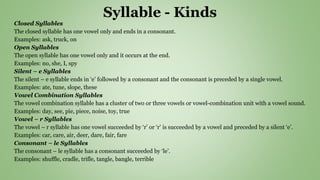 Syllable - Kinds
Closed Syllables
The closed syllable has one vowel only and ends in a consonant.
Examples: ask, truck, on
Open Syllables
The open syllable has one vowel only and it occurs at the end.
Examples: no, she, I, spy
Silent – e Syllables
The silent – e syllable ends in ‘e’ followed by a consonant and the consonant is preceded by a single vowel.
Examples: ate, tune, slope, these
Vowel Combination Syllables
The vowel combination syllable has a cluster of two or three vowels or vowel-combination unit with a vowel sound.
Examples: day, see, pie, piece, noise, toy, true
Vowel – r Syllables
The vowel – r syllable has one vowel succeeded by ‘r’ or ‘r’ is succeeded by a vowel and preceded by a silent ‘e’.
Examples: car, care, air, deer, dare, fair, fare
Consonant – le Syllables
The consonant – le syllable has a consonant succeeded by ‘le’.
Examples: shuffle, cradle, trifle, tangle, bangle, terrible
 