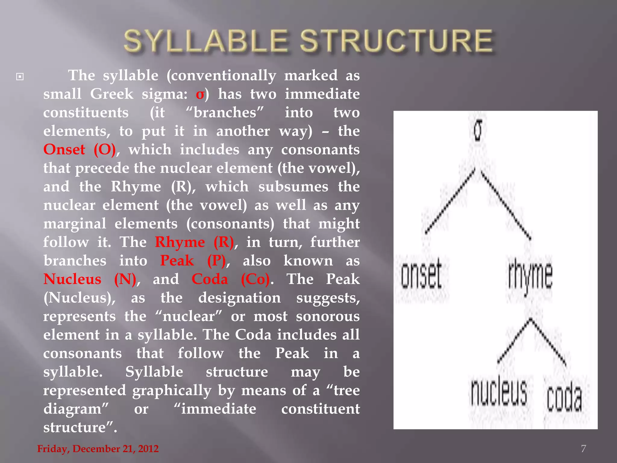         The syllable (conventionally marked as
     small Greek sigma: σ) has two immediate
     constituents (it “branches” into two
     elements, to put it in another way) – the
     Onset (O), which includes any consonants
     that precede the nuclear element (the vowel),
     and the Rhyme (R), which subsumes the
     nuclear element (the vowel) as well as any
     marginal elements (consonants) that might
     follow it. The Rhyme (R), in turn, further
     branches into Peak (P), also known as
     Nucleus (N), and Coda (Co). The Peak
     (Nucleus), as the designation suggests,
     represents the “nuclear” or most sonorous
     element in a syllable. The Coda includes all
     consonants that follow the Peak in a
     syllable. Syllable structure may be
     represented graphically by means of a “tree
     diagram”     or   “immediate      constituent
     structure”.
    Friday, December 21, 2012                        7
 
