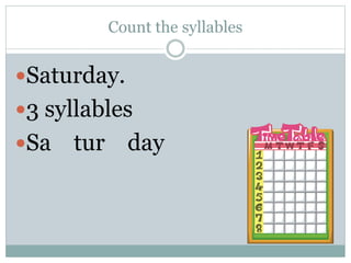 Count the syllables
Saturday.
3 syllables
Sa tur day
 