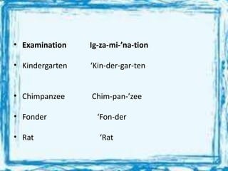• Examination Ig-za-mi-’na-tion
• Kindergarten ‘Kin-der-gar-ten
• Chimpanzee Chim-pan-’zee
• Fonder ‘Fon-der
• Rat ‘Rat
 