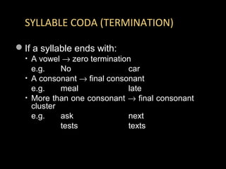 SYLLABLE CODA (TERMINATION)
If a syllable ends with:
• A vowel → zero termination
e.g. No car
• A consonant → final consonant
e.g. meal late
• More than one consonant → final consonant
cluster
e.g. ask next
tests texts
 