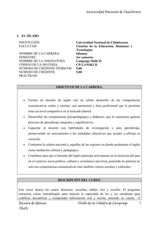 Universidad Nacional de Chimborazo
Escuela de Idiomas Sílabo de la Cátedra de Language
Skills
2
I. EL SÍLABO
OBJETIVOS DE LA CARRERA.
Formar un docente de inglés con un sólido desarrollo de las competencias
comunicativas orales y escritas, con autonomía y ética profesional que le permitan
tener un nivel competitivo en el mercado laboral.
Desarrollar las competencias psicopedagógica y didáctica, que le consientan generar
procesos de aprendizaje integrales y significativos.
Capacitar al docente con habilidades de investigación y auto aprendizaje,
promoviendo un acercamiento a las realidades educativas que ayuden a afirmar su
vocación.
Contrastar la cultura nacional y aquellas de las regiones en donde predomine el inglés
como mediación cultural y pedagógica.
Contribuir para que el docente del Inglés participe activamente en la inserción del país
en el contexto socio-político, cultural y económico universal, poniendo en práctica no
solo sus competencias comunicativas sino también valores sociales y culturales.
DESCRIPCIÓN DEL CURSO.
Este curso abarca las cuatro destrezas: escuchar, hablar, leer y escribir. El programa
estructura varias metodologías para mejorar la capacidad de los y las estudiante para
codificar, decodificar y comprender información oral y escrita, teniendo en cuenta el
INSTITUCIÓN: Universidad Nacional de Chimborazo
FACULTAD: Ciencias de la Educación, Humanas y
Tecnologías
NOMBRE DE LA CARRERA: Idiomas
SEMESTRE: 3er semestre
NOMBRE DE LA ASIGNATURA: Language Skills II
CÓDIGO DE LA MATERIA: CP-LANSKI II
NÚMERO DE CRÉDITOS TEÓRICOS: 5.00
NÚMERO DE CRÉDITOS
PRÁCTICOS:
5.00
 