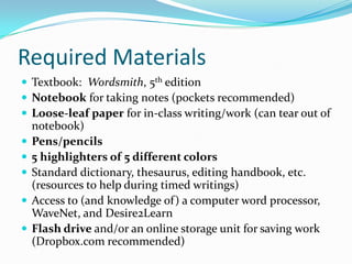 Required Materials
 Textbook: Wordsmith, 5th edition
 Notebook for taking notes (pockets recommended)
 Loose-leaf paper for in-class writing/work (can tear out of
notebook)
 Pens/pencils
 5 highlighters of 5 different colors
 Standard dictionary, thesaurus, editing handbook, etc.
(resources to help during timed writings)
 Access to (and knowledge of) a computer word processor,
WaveNet, and Desire2Learn
 Flash drive and/or an online storage unit for saving work
(Dropbox.com recommended)
 