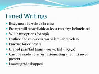Timed Writings
 Essay must be written in class
 Prompt will be available at least two days beforehand
 Will have options for topic
 Outline and resources can be brought to class
 Practice for exit exam
 Graded pass/fail (pass = 50/50; fail = 35/50)
 Can’t be made up unless extenuating circumstances
present
 Lowest grade dropped
 