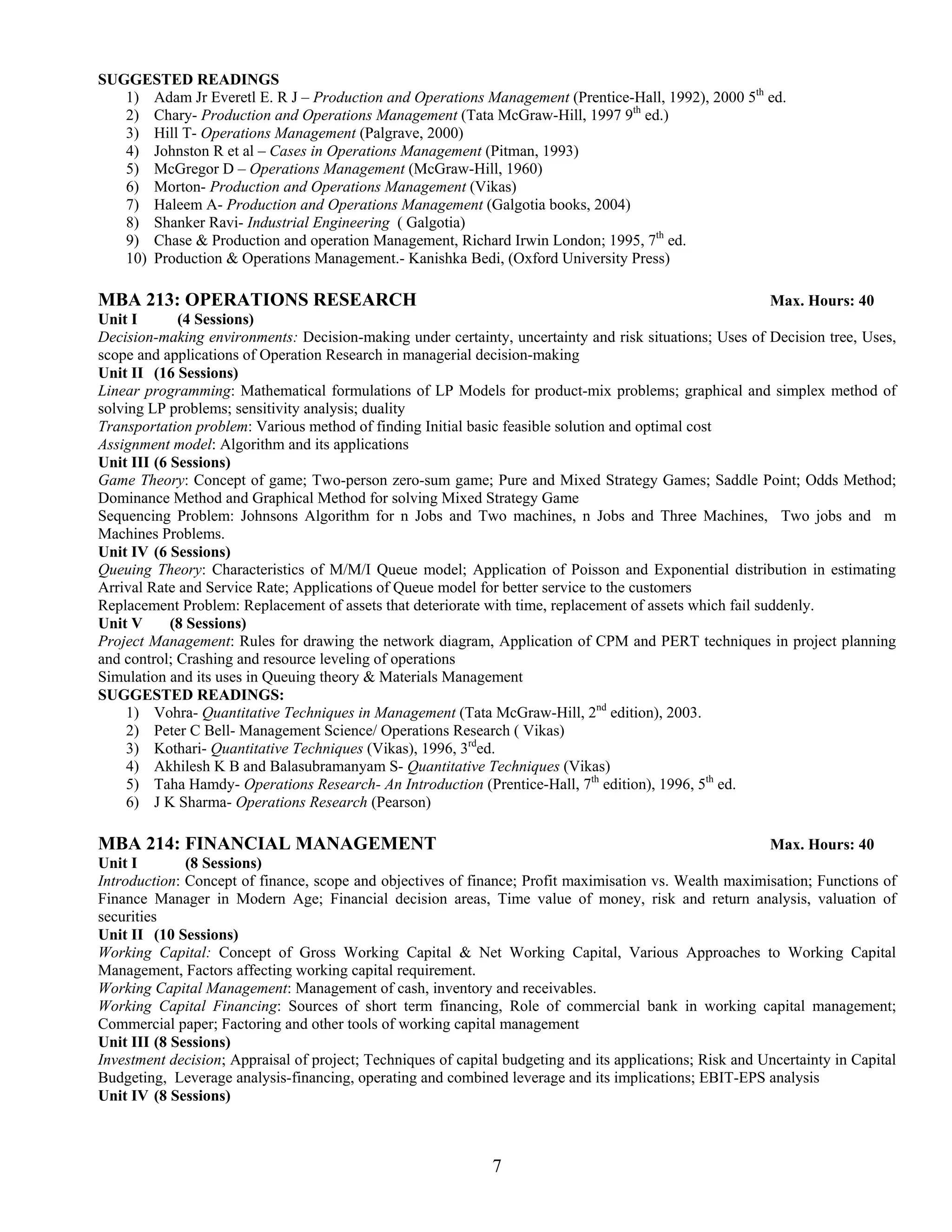 SUGGESTED READINGS
   1) Adam Jr Everetl E. R J – Production and Operations Management (Prentice-Hall, 1992), 2000 5th ed.
   2) Chary- Production and Operations Management (Tata McGraw-Hill, 1997 9th ed.)
   3) Hill T- Operations Management (Palgrave, 2000)
   4) Johnston R et al – Cases in Operations Management (Pitman, 1993)
   5) McGregor D – Operations Management (McGraw-Hill, 1960)
   6) Morton- Production and Operations Management (Vikas)
   7) Haleem A- Production and Operations Management (Galgotia books, 2004)
   8) Shanker Ravi- Industrial Engineering ( Galgotia)
   9) Chase & Production and operation Management, Richard Irwin London; 1995, 7th ed.
   10) Production & Operations Management.- Kanishka Bedi, (Oxford University Press)

MBA 213: OPERATIONS RESEARCH                                                                              Max. Hours: 40
Unit I       (4 Sessions)
Decision-making environments: Decision-making under certainty, uncertainty and risk situations; Uses of Decision tree, Uses,
scope and applications of Operation Research in managerial decision-making
Unit II (16 Sessions)
Linear programming: Mathematical formulations of LP Models for product-mix problems; graphical and simplex method of
solving LP problems; sensitivity analysis; duality
Transportation problem: Various method of finding Initial basic feasible solution and optimal cost
Assignment model: Algorithm and its applications
Unit III (6 Sessions)
Game Theory: Concept of game; Two-person zero-sum game; Pure and Mixed Strategy Games; Saddle Point; Odds Method;
Dominance Method and Graphical Method for solving Mixed Strategy Game
Sequencing Problem: Johnsons Algorithm for n Jobs and Two machines, n Jobs and Three Machines, Two jobs and m
Machines Problems.
Unit IV (6 Sessions)
Queuing Theory: Characteristics of M/M/I Queue model; Application of Poisson and Exponential distribution in estimating
Arrival Rate and Service Rate; Applications of Queue model for better service to the customers
Replacement Problem: Replacement of assets that deteriorate with time, replacement of assets which fail suddenly.
Unit V      (8 Sessions)
Project Management: Rules for drawing the network diagram, Application of CPM and PERT techniques in project planning
and control; Crashing and resource leveling of operations
Simulation and its uses in Queuing theory & Materials Management
SUGGESTED READINGS:
    1) Vohra- Quantitative Techniques in Management (Tata McGraw-Hill, 2nd edition), 2003.
    2) Peter C Bell- Management Science/ Operations Research ( Vikas)
    3) Kothari- Quantitative Techniques (Vikas), 1996, 3rded.
    4) Akhilesh K B and Balasubramanyam S- Quantitative Techniques (Vikas)
    5) Taha Hamdy- Operations Research- An Introduction (Prentice-Hall, 7th edition), 1996, 5th ed.
    6) J K Sharma- Operations Research (Pearson)

MBA 214: FINANCIAL MANAGEMENT                                                                              Max. Hours: 40
Unit I        (8 Sessions)
Introduction: Concept of finance, scope and objectives of finance; Profit maximisation vs. Wealth maximisation; Functions of
Finance Manager in Modern Age; Financial decision areas, Time value of money, risk and return analysis, valuation of
securities
Unit II (10 Sessions)
Working Capital: Concept of Gross Working Capital & Net Working Capital, Various Approaches to Working Capital
Management, Factors affecting working capital requirement.
Working Capital Management: Management of cash, inventory and receivables.
Working Capital Financing: Sources of short term financing, Role of commercial bank in working capital management;
Commercial paper; Factoring and other tools of working capital management
Unit III (8 Sessions)
Investment decision; Appraisal of project; Techniques of capital budgeting and its applications; Risk and Uncertainty in Capital
Budgeting, Leverage analysis-financing, operating and combined leverage and its implications; EBIT-EPS analysis
Unit IV (8 Sessions)



                                                               7
 