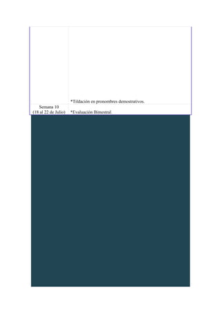 *Tildación en pronombres demostrativos.
Semana 10
(18 al 22 de Julio) *Evaluación Bimestral.
 