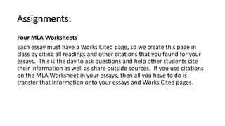 Assignments: 
Four MLA Worksheets 
Each essay must have a Works Cited page, so we create this page in 
class by citing all readings and other citations that you found for your 
essays. This is the day to ask questions and help other students cite 
their information as well as share outside sources. If you use citations 
on the MLA Worksheet in your essays, then all you have to do is 
transfer that information onto your essays and Works Cited pages. 
 