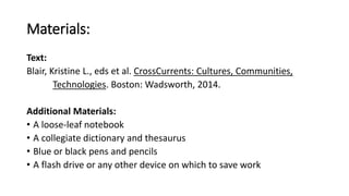 Materials: 
Text: 
Blair, Kristine L., eds et al. CrossCurrents: Cultures, Communities, 
Technologies. Boston: Wadsworth, 2014. 
Additional Materials: 
• A loose-leaf notebook 
• A collegiate dictionary and thesaurus 
• Blue or black pens and pencils 
• A flash drive or any other device on which to save work 
 