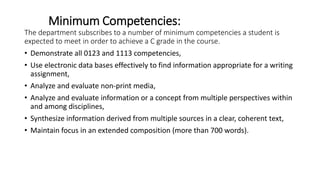 Minimum Competencies: 
The department subscribes to a number of minimum competencies a student is 
expected to meet in order to achieve a C grade in the course. 
• Demonstrate all 0123 and 1113 competencies, 
• Use electronic data bases effectively to find information appropriate for a writing 
assignment, 
• Analyze and evaluate non-print media, 
• Analyze and evaluate information or a concept from multiple perspectives within 
and among disciplines, 
• Synthesize information derived from multiple sources in a clear, coherent text, 
• Maintain focus in an extended composition (more than 700 words). 
 
