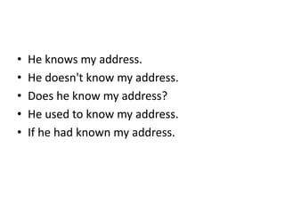 • He knows my address.
• He doesn't know my address.
• Does he know my address?
• He used to know my address.
• If he had known my address.
 