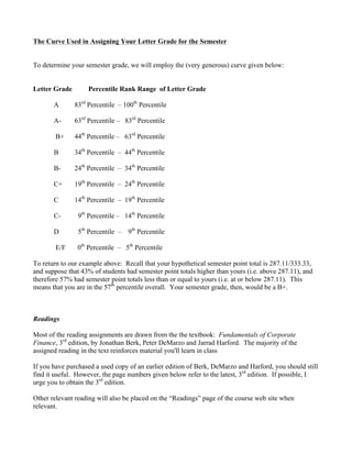 The Curve Used in Assigning Your Letter Grade for the Semester
To determine your semester grade, we will employ the (very generous) curve given below:
Letter Grade Percentile Rank Range of Letter Grade
A 83rd
Percentile – 100th
Percentile
A- 63rd
Percentile – 83rd
Percentile
B+ 44th
Percentile – 63rd
Percentile
B 34th
Percentile – 44th
Percentile
B- 24th
Percentile – 34th
Percentile
C+ 19th
Percentile – 24th
Percentile
C 14th
Percentile – 19th
Percentile
C- 9th
Percentile – 14th
Percentile
D 5th
Percentile – 9th
Percentile
E/F 0th
Percentile – 5th
Percentile
To return to our example above: Recall that your hypothetical semester point total is 287.11/333.33,
and suppose that 43% of students had semester point totals higher than yours (i.e. above 287.11), and
therefore 57% had semester point totals less than or equal to yours (i.e. at or below 287.11). This
means that you are in the 57th
percentile overall. Your semester grade, then, would be a B+.
Readings
Most of the reading assignments are drawn from the the textbook: Fundamentals of Corporate
Finance, 3rd
edition, by Jonathan Berk, Peter DeMarzo and Jarrad Harford. The majority of the
assigned reading in the text reinforces material you'll learn in class
If you have purchased a used copy of an earlier edition of Berk, DeMarzo and Harford, you should still
find it useful. However, the page numbers given below refer to the latest, 3rd
edition. If possible, I
urge you to obtain the 3rd
edition.
Other relevant reading will also be placed on the “Readings” page of the course web site when
relevant.
 
