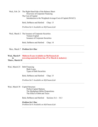 Wed., Feb. 24 The Right-Hand Side of the Balance Sheet
Overview of Corporate Financing
The Cost of Capital
Introduction to the Weighted-Average Cost of Capital (WACC)
Berk, DeMarzo and Harford Chap. 13
Problem Set 4 Available on MyFinanceLab
Wed., March 2 The Issuance of Corporate Securities
Venture Capital
Issuance of Corporate Securities
Berk, DeMarzo and Harford Chap. 14
Mon., March 7 Problem Set 4 Due
Wed., March 9 Midterm Exam Available on MyFinanceLab
to (covering material from Jan. 27 to March 4, inclusive)
Thurs., March 10
Wed., March 23 Debt Financing
Bank Loans
Types of Debt Securities
Berk, DeMarzo and Harford Chap. 15
Problem Set 5 Available on MyFinanceLab
Wed., March 30 Capital Structure
Perfect Capital Markets
The Modigliani-Miller Propositions
The Effect of Debt and Taxes
Berk, DeMarzo and Harford Sections 16.1 – 16.3
Problem Set 5 Due
Problem Set 6 Available on MyFinanceLab
 
