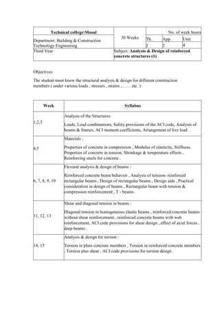 Analysis & Design of reinforced concrete structures (1) Syllabus | PDF