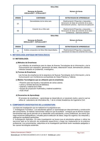 Sitios Web
Semanas de Estudio
23/Enero/2017 - 27/Enero/2017
Número de Horas
3
ORDEN ESTRATEGIAS DE APRENDIZAJECONTENIDO
Generalidades de los sitios web. -Realimentación /Preguntas y respuestas. -
Generación de ideas de contenido de la clase. -
Demostración práctica. -Ejercicios de aplicación
01
Creación de un Sitio web -Realimentación/Preguntas y respuestas. -
Generación de ideas de contenido de la clase. -
Conferencia. - Ejercicios prácticos
02
Sitios Web
Semanas de Estudio
30/Enero/2017 - 03/Febrero/2017
Número de Horas
3
ORDEN ESTRATEGIAS DE APRENDIZAJECONTENIDO
Análisis comparativo de Sitios Web desarrollados. -Realimentación/Preguntas y respuestas -
Generación de ideas de contenido de la clase.
01
5.- METODOLOGÍA (ENFOQUE METODOLÓGICO)
5.1 METODOLOGÍA
a) Métodos de Enseñanza
Los métodos de enseñanza para la clase de Nuevas Tecnologías de la Información y de la
Comunicación son expositivo, generación de ideas, elaboración visual, demostración práctica,
métodos basados en problemas, investigativo.
b) Formas de Enseñanza
Las formas de enseñanza de la asignatura de Nuevas Tecnologías de la Información y de la
Comunicación son Conferencia acompañada de Clase Práctica y Talleres
•Pizarrón para tiza líquida y marcadores de varios colores.
•Libros y revistas técnicas de biblioteca.
•Internet y material de la Web.
•Equipo de proyección multimedia y material académico
•Aula virtual
c) Medios Tecnológicos que se utilizarán para la enseñanza
El proceso de enseñanza – aprendizaje se desarrolla en un escenario áulico, para lo cual se
utiliza el Laboratorio de Informática No. 1 de la Unidad Académica de Ingeniería Civil.
d) Escenarios de Aprendizaje
Los tipos de investigación que se realizará en la asignatura son:
1.Investigación Formativa.- Los estudiantes aplican un aprendizaje por descubrimiento y construcción
del conocimiento. El método mencionado radica en que el profesor consigue que el alumno busque
herramientas web que le servirán en su desarrollo como estudiante y como profesional, asi mismo que
haga revisiones bibliográficas y virtuales para la selección de datos, luego los organice, los interprete y
obtenga los resultados pertinentes.
2.Investigación Aplicada.- En esta investigación se busca que el estudiante aplique o utilice los
servicios web en la solución de problemas específicos y luego los implemente en la práctica
profesional. Los conocimientos adquiridos en la investigación permitirán tener resultados apegados a
las nuevas tecnologías existentes.
6.- COMPONENTE INVESTIGATIVO DE LA ASIGNATURA
Syllabus Estandarizado UTMACH Pág. 6 de 8
Generado por: SIUTMACH/ACADÉMICO 2016-12-20 08:37 - Emitido por: jcelleri
 