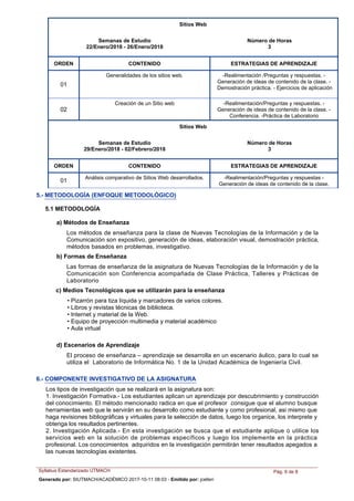 Sitios Web
Semanas de Estudio
22/Enero/2018 - 26/Enero/2018
Número de Horas
3
ORDEN ESTRATEGIAS DE APRENDIZAJECONTENIDO
Generalidades de los sitios web. -Realimentación /Preguntas y respuestas. -
Generación de ideas de contenido de la clase. -
Demostración práctica. -Ejercicios de aplicación
01
Creación de un Sitio web -Realimentación/Preguntas y respuestas. -
Generación de ideas de contenido de la clase. -
Conferencia. -Práctica de Laboratorio
02
Sitios Web
Semanas de Estudio
29/Enero/2018 - 02/Febrero/2018
Número de Horas
3
ORDEN ESTRATEGIAS DE APRENDIZAJECONTENIDO
Análisis comparativo de Sitios Web desarrollados. -Realimentación/Preguntas y respuestas -
Generación de ideas de contenido de la clase.
01
5.- METODOLOGÍA (ENFOQUE METODOLÓGICO)
5.1 METODOLOGÍA
a) Métodos de Enseñanza
Los métodos de enseñanza para la clase de Nuevas Tecnologías de la Información y de la
Comunicación son expositivo, generación de ideas, elaboración visual, demostración práctica,
métodos basados en problemas, investigativo.
b) Formas de Enseñanza
Las formas de enseñanza de la asignatura de Nuevas Tecnologías de la Información y de la
Comunicación son Conferencia acompañada de Clase Práctica, Talleres y Prácticas de
Laboratorio
•Pizarrón para tiza líquida y marcadores de varios colores.
•Libros y revistas técnicas de biblioteca.
•Internet y material de la Web.
•Equipo de proyección multimedia y material académico
•Aula virtual
c) Medios Tecnológicos que se utilizarán para la enseñanza
El proceso de enseñanza – aprendizaje se desarrolla en un escenario áulico, para lo cual se
utiliza el Laboratorio de Informática No. 1 de la Unidad Académica de Ingeniería Civil.
d) Escenarios de Aprendizaje
Los tipos de investigación que se realizará en la asignatura son:
1.Investigación Formativa.- Los estudiantes aplican un aprendizaje por descubrimiento y construcción
del conocimiento. El método mencionado radica en que el profesor consigue que el alumno busque
herramientas web que le servirán en su desarrollo como estudiante y como profesional, asi mismo que
haga revisiones bibliográficas y virtuales para la selección de datos, luego los organice, los interprete y
obtenga los resultados pertinentes.
2.Investigación Aplicada.- En esta investigación se busca que el estudiante aplique o utilice los
servicios web en la solución de problemas específicos y luego los implemente en la práctica
profesional. Los conocimientos adquiridos en la investigación permitirán tener resultados apegados a
las nuevas tecnologías existentes.
6.- COMPONENTE INVESTIGATIVO DE LA ASIGNATURA
Syllabus Estandarizado UTMACH Pág. 6 de 8
Generado por: SIUTMACH/ACADÉMICO 2017-10-11 08:03 - Emitido por: jcelleri
 