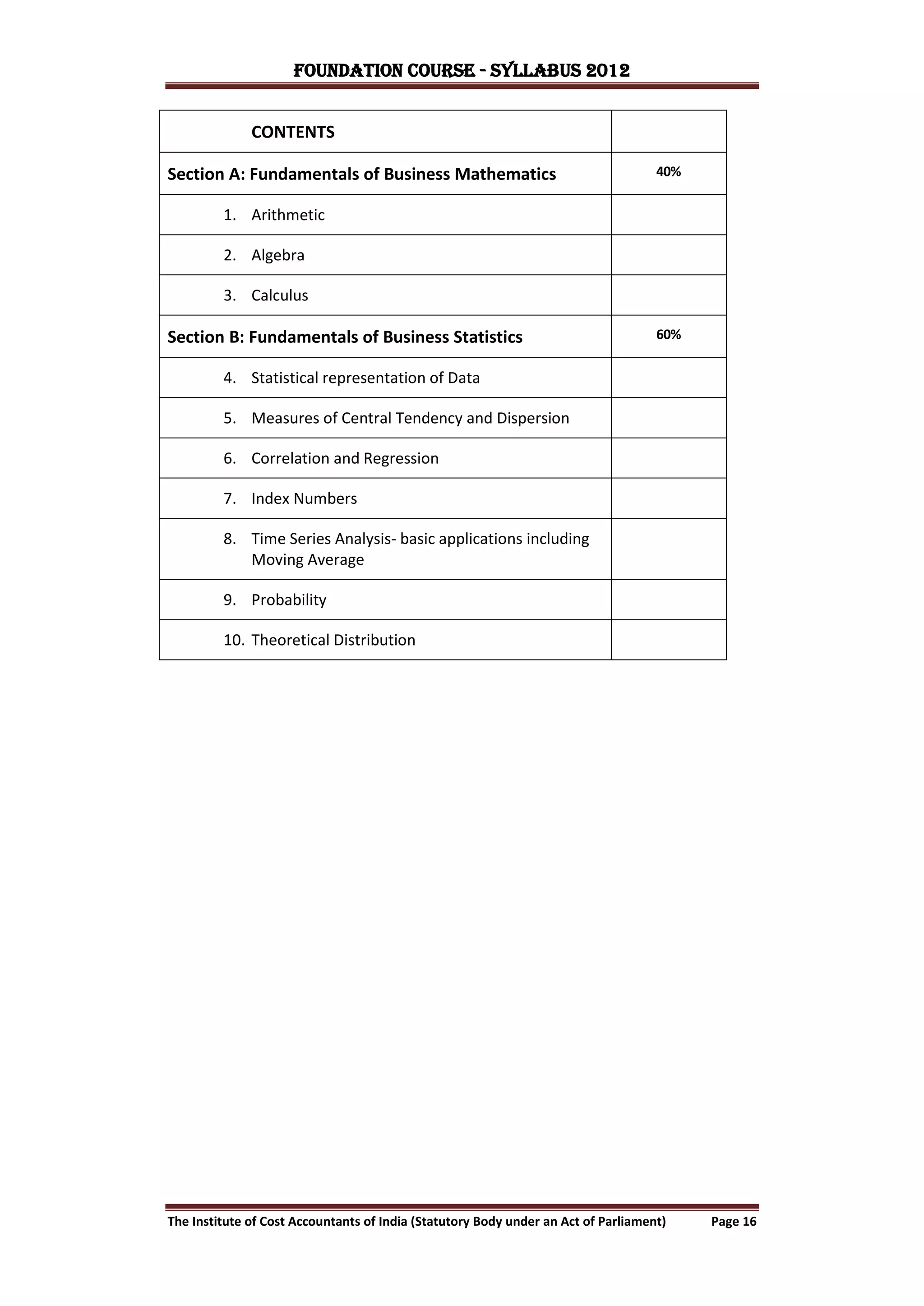 FOUNDATION COURSE - Syllabus 2012


              CONTENTS

Section A: Fundamentals of Business Mathematics                                     40%


         1. Arithmetic

         2. Algebra

         3. Calculus

Section B: Fundamentals of Business Statistics                                      60%


         4. Statistical representation of Data

         5. Measures of Central Tendency and Dispersion

         6. Correlation and Regression

         7. Index Numbers

         8. Time Series Analysis- basic applications including
            Moving Average

         9. Probability

         10. Theoretical Distribution




The Institute of Cost Accountants of India (Statutory Body under an Act of Parliament)    Page 16
 