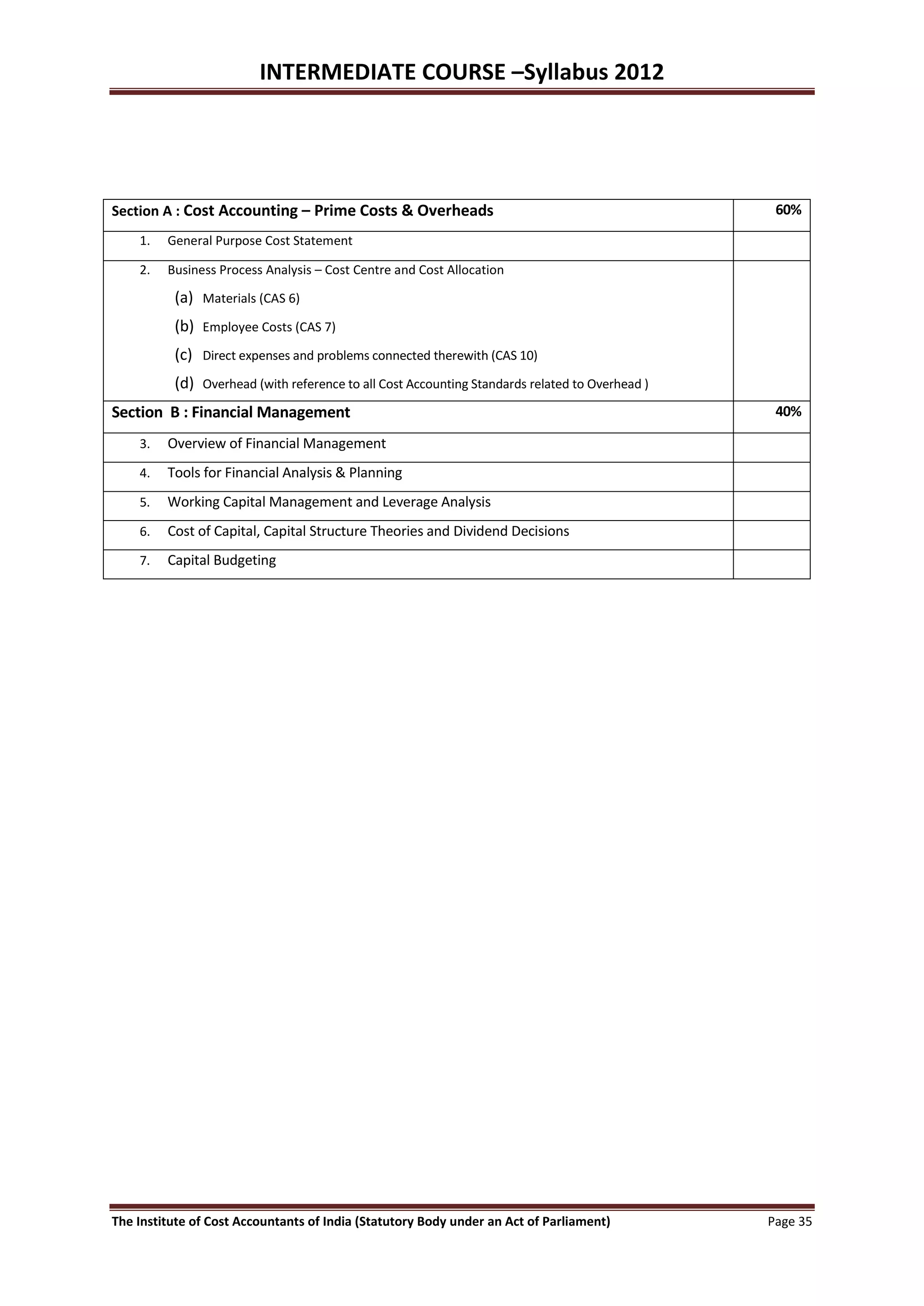 INTERMEDIATE COURSE –Syllabus 2012




Section A : Cost Accounting – Prime Costs & Overheads                                            60%
    1.   General Purpose Cost Statement

    2.   Business Process Analysis – Cost Centre and Cost Allocation

          (a) Materials (CAS 6)
          (b) Employee Costs (CAS 7)
          (c) Direct expenses and problems connected therewith (CAS 10)
          (d) Overhead (with reference to all Cost Accounting Standards related to Overhead )
Section B : Financial Management                                                                 40%

    3.   Overview of Financial Management
    4.   Tools for Financial Analysis & Planning
    5.   Working Capital Management and Leverage Analysis
    6.   Cost of Capital, Capital Structure Theories and Dividend Decisions
    7.   Capital Budgeting




The Institute of Cost Accountants of India (Statutory Body under an Act of Parliament)          Page 35
 