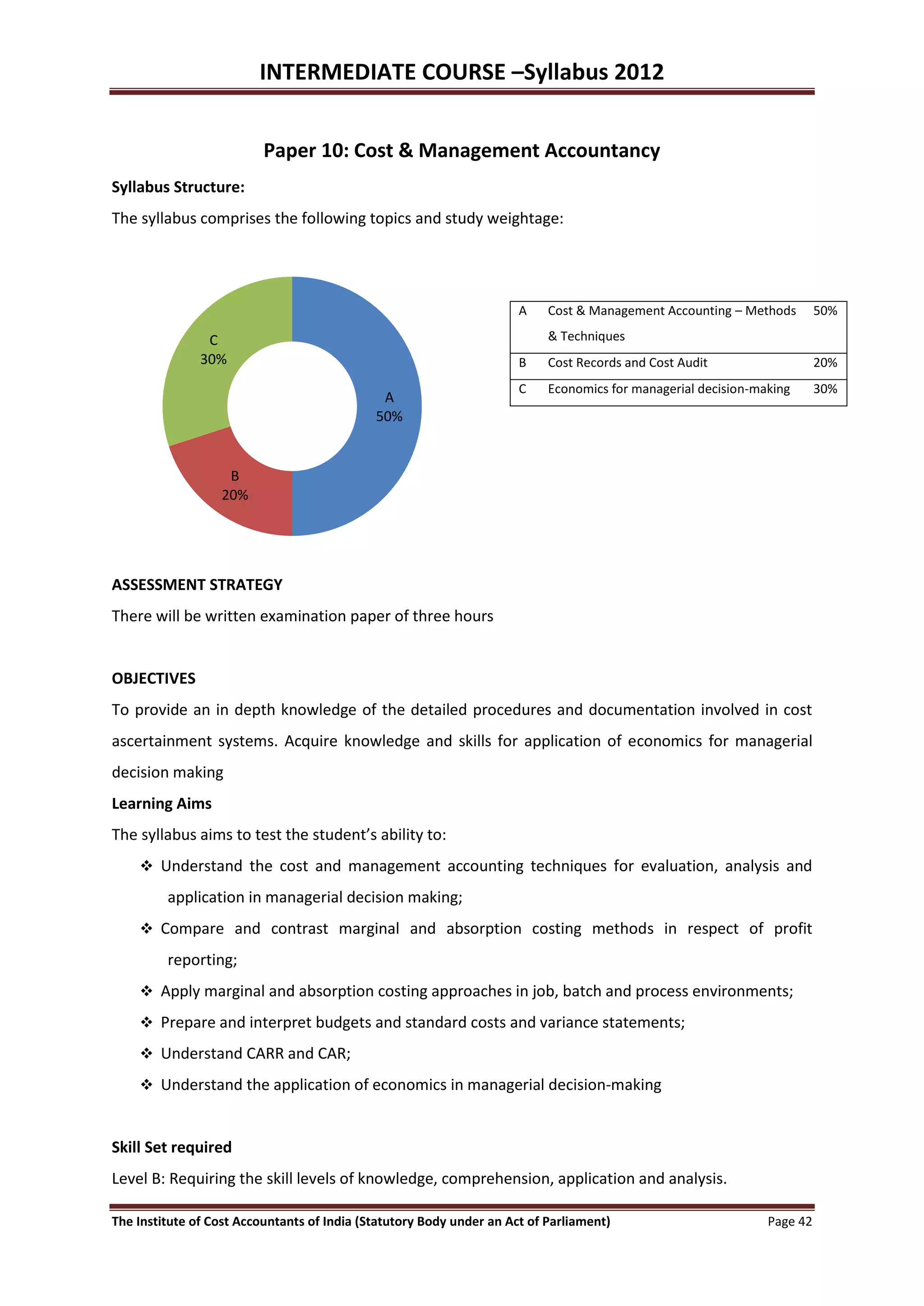 INTERMEDIATE COURSE –Syllabus 2012


                          Paper 10: Cost & Management Accountancy
Syllabus Structure:
The syllabus comprises the following topics and study weightage:




                                                                      A    Cost & Management Accounting – Methods        50%

                C                                                          & Techniques
               30%                                                    B    Cost Records and Cost Audit                   20%
                                                                      C    Economics for managerial decision-making      30%
                                              A
                                             50%


                   B
                  20%




ASSESSMENT STRATEGY
There will be written examination paper of three hours


OBJECTIVES
To provide an in depth knowledge of the detailed procedures and documentation involved in cost
ascertainment systems. Acquire knowledge and skills for application of economics for managerial
decision making
Learning Aims
The syllabus aims to test the student’s ability to:
     Understand the cost and management accounting techniques for evaluation, analysis and

         application in managerial decision making;
     Compare and contrast marginal and absorption costing methods in respect of profit

         reporting;
     Apply marginal and absorption costing approaches in job, batch and process environments;

     Prepare and interpret budgets and standard costs and variance statements;

     Understand CARR and CAR;

     Understand the application of economics in managerial decision-making



Skill Set required
Level B: Requiring the skill levels of knowledge, comprehension, application and analysis.

The Institute of Cost Accountants of India (Statutory Body under an Act of Parliament)                         Page 42
 