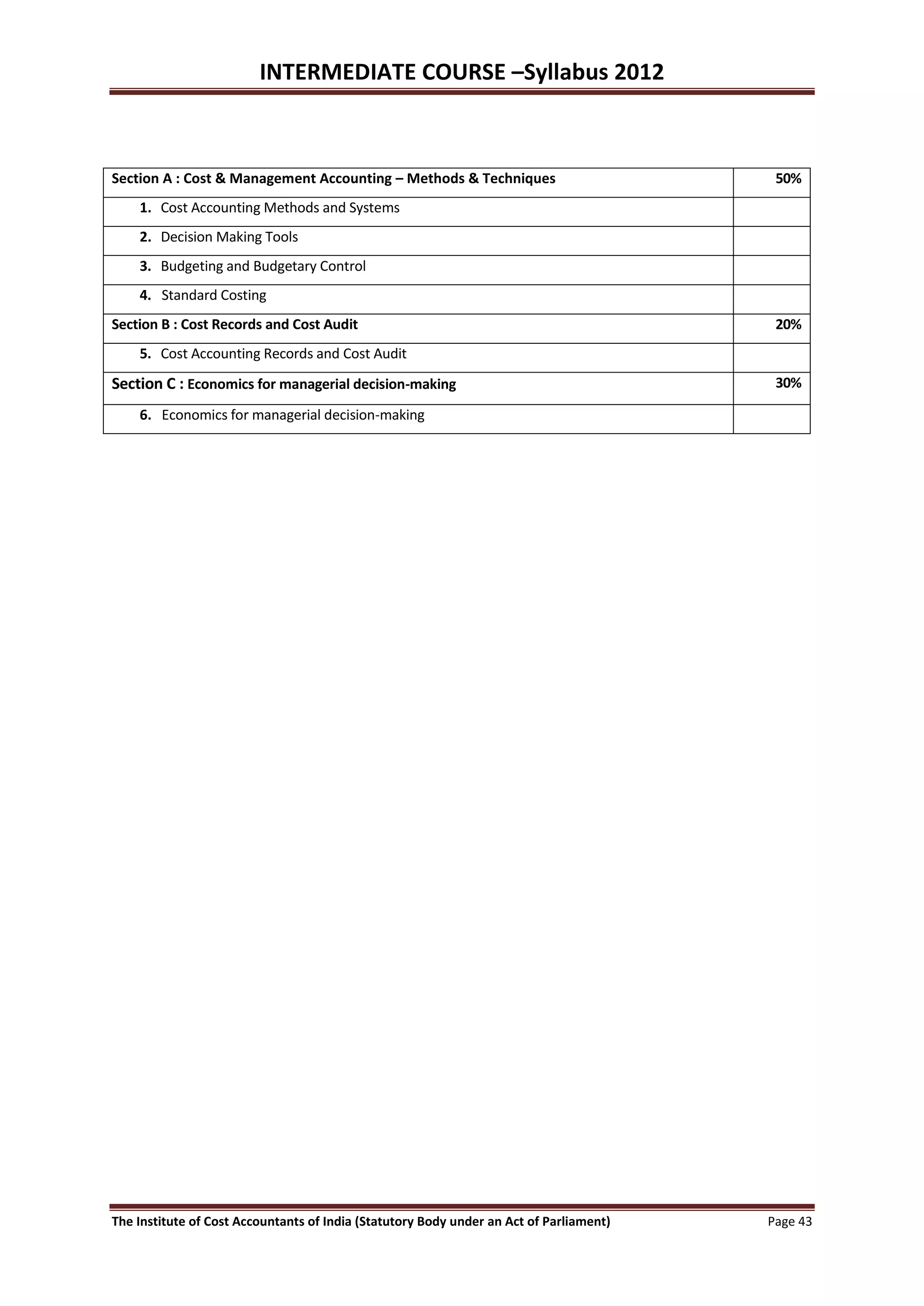 INTERMEDIATE COURSE –Syllabus 2012



Section A : Cost & Management Accounting – Methods & Techniques                           50%
    1. Cost Accounting Methods and Systems
    2. Decision Making Tools
    3. Budgeting and Budgetary Control
    4. Standard Costing
Section B : Cost Records and Cost Audit                                                   20%
    5. Cost Accounting Records and Cost Audit
Section C : Economics for managerial decision-making                                      30%

    6. Economics for managerial decision-making




The Institute of Cost Accountants of India (Statutory Body under an Act of Parliament)   Page 43
 
