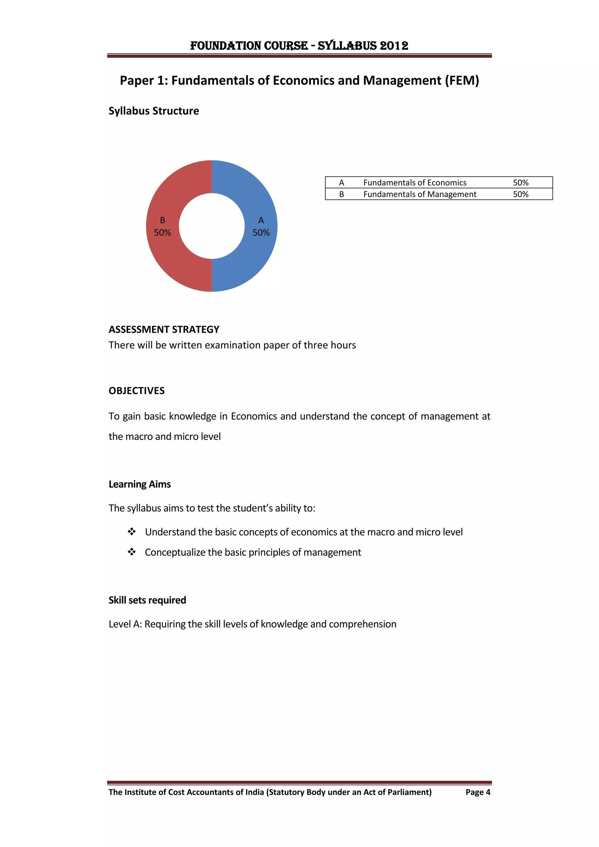 FOUNDATION COURSE - Syllabus 2012

  Paper 1: Fundamentals of Economics and Management (FEM)

Syllabus Structure




                                                             A     Fundamentals of Economics       50%
                                                             B     Fundamentals of Management      50%

             B                         A
            50%                       50%




ASSESSMENT STRATEGY
There will be written examination paper of three hours



OBJECTIVES

To gain basic knowledge in Economics and understand the concept of management at
the macro and micro level



Learning Aims

The syllabus aims to test the student’s ability to:

     Understand the basic concepts of economics at the macro and micro level
     Conceptualize the basic principles of management



Skill sets required

Level A: Requiring the skill levels of knowledge and comprehension




The Institute of Cost Accountants of India (Statutory Body under an Act of Parliament)    Page 4
 