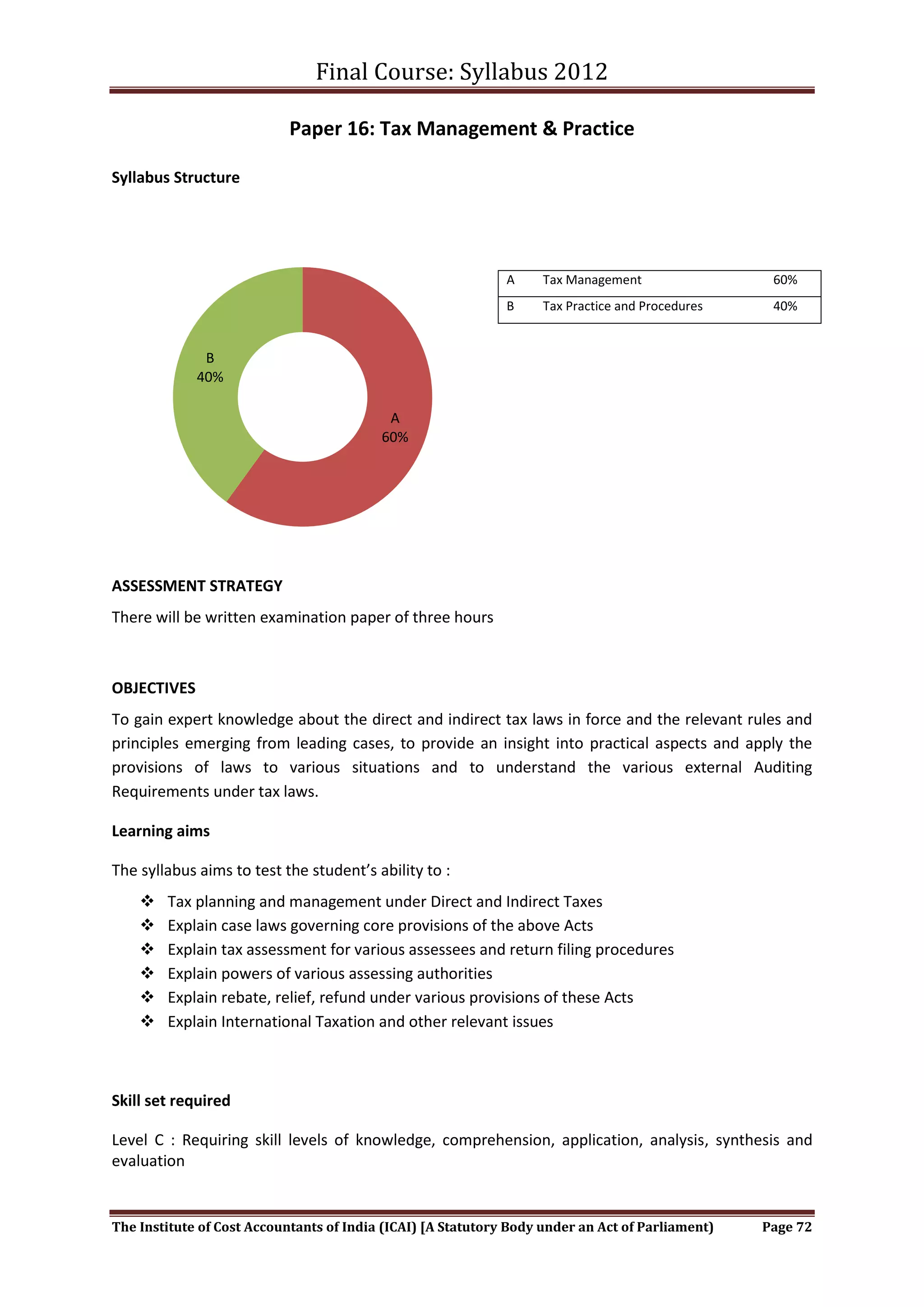 Final Course: Syllabus 2012

                            Paper 16: Tax Management & Practice

Syllabus Structure




                                                              A     Tax Management                 60%
                                                              B     Tax Practice and Procedures    40%


              B
             40%

                                           A
                                          60%




ASSESSMENT STRATEGY
There will be written examination paper of three hours



OBJECTIVES
To gain expert knowledge about the direct and indirect tax laws in force and the relevant rules and
principles emerging from leading cases, to provide an insight into practical aspects and apply the
provisions of laws to various situations and to understand the various external Auditing
Requirements under tax laws.

Learning aims

The syllabus aims to test the student’s ability to :
       Tax planning and management under Direct and Indirect Taxes
       Explain case laws governing core provisions of the above Acts
       Explain tax assessment for various assessees and return filing procedures
       Explain powers of various assessing authorities
       Explain rebate, relief, refund under various provisions of these Acts
       Explain International Taxation and other relevant issues



Skill set required

Level C : Requiring skill levels of knowledge, comprehension, application, analysis, synthesis and
evaluation


The Institute of Cost Accountants of India (ICAI) [A Statutory Body under an Act of Parliament)   Page 72
 