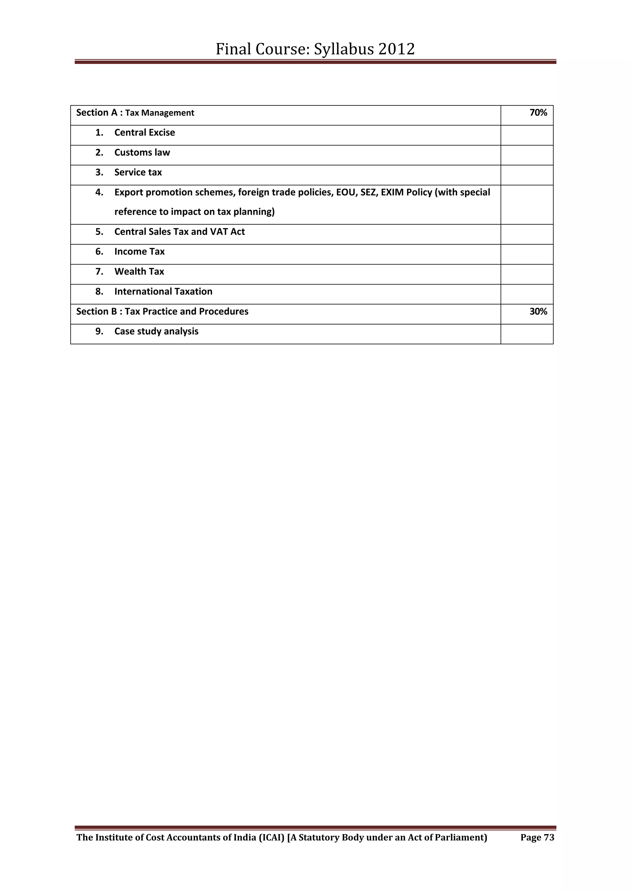 Final Course: Syllabus 2012


Section A : Tax Management                                                                         70%
    1.   Central Excise
    2.   Customs law
    3.   Service tax
    4.   Export promotion schemes, foreign trade policies, EOU, SEZ, EXIM Policy (with special
         reference to impact on tax planning)
    5.   Central Sales Tax and VAT Act
    6.   Income Tax
    7.   Wealth Tax
    8.   International Taxation
Section B : Tax Practice and Procedures                                                            30%
    9.   Case study analysis




The Institute of Cost Accountants of India (ICAI) [A Statutory Body under an Act of Parliament)   Page 73
 