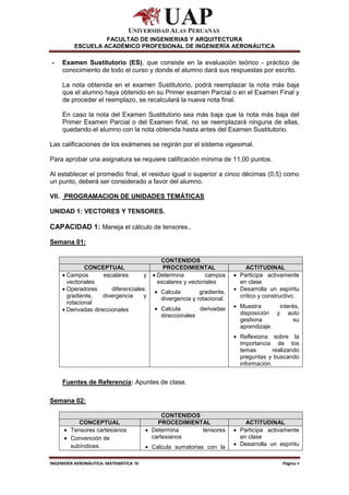 FACULTAD DE INGENIERIAS Y ARQUITECTURA
ESCUELA ACADÉMICO PROFESIONAL DE INGENIERÍA AERONÁUTICA
INGENIERÍA AERONÁUTICA: MATEMÁTICA IV Página 4
- Examen Sustitutorio (ES), que consiste en la evaluación teórico - práctico de
conocimiento de todo el curso y donde el alumno dará sus respuestas por escrito.
La nota obtenida en el examen Sustitutorio, podrá reemplazar la nota más baja
que el alumno haya obtenido en su Primer examen Parcial o en el Examen Final y
de proceder el reemplazo, se recalculará la nueva nota final.
En caso la nota del Examen Sustitutorio sea más baja que la nota más baja del
Primer Examen Parcial o del Examen final, no se reemplazará ninguna de ellas,
quedando el alumno con la nota obtenida hasta antes del Examen Sustitutorio.
Las calificaciones de los exámenes se regirán por el sistema vigesimal.
Para aprobar una asignatura se requiere calificación mínima de 11,00 puntos.
Al establecer el promedio final, el residuo igual o superior a cinco décimas (0,5) como
un punto, deberá ser considerado a favor del alumno.
VII. PROGRAMACION DE UNIDADES TEMÁTICAS
UNIDAD 1: VECTORES Y TENSORES.
CAPACIDAD 1: Maneja el cálculo de tensores..
Semana 01:
CONTENIDOS
CONCEPTUAL PROCEDIMIENTAL ACTITUDINAL
Campos escalares y
vectoriales
Operadores diferenciales:
gradiente, divergencia y
rotacional
Derivadas direccionales
Determina campos
escalares y vectoriales
Calcula gradiente,
divergencia y rotacional.
Calcula derivadas
direccionales
Participa activamente
en clase
Desarrolla un espíritu
crítico y constructivo.
Muestra interés,
disposición y auto
gestiona su
aprendizaje.
Reflexiona sobre la
importancia de los
temas realizando
preguntas y buscando
información.
Fuentes de Referencia: Apuntes de clase.
Semana 02:
CONTENIDOS
CONCEPTUAL PROCEDIMIENTAL ACTITUDINAL
Tensores cartesianos
Convención de
subíndices.
Determina tensores
cartesianos
Calcula sumatorias con la
Participa activamente
en clase
Desarrolla un espíritu
 