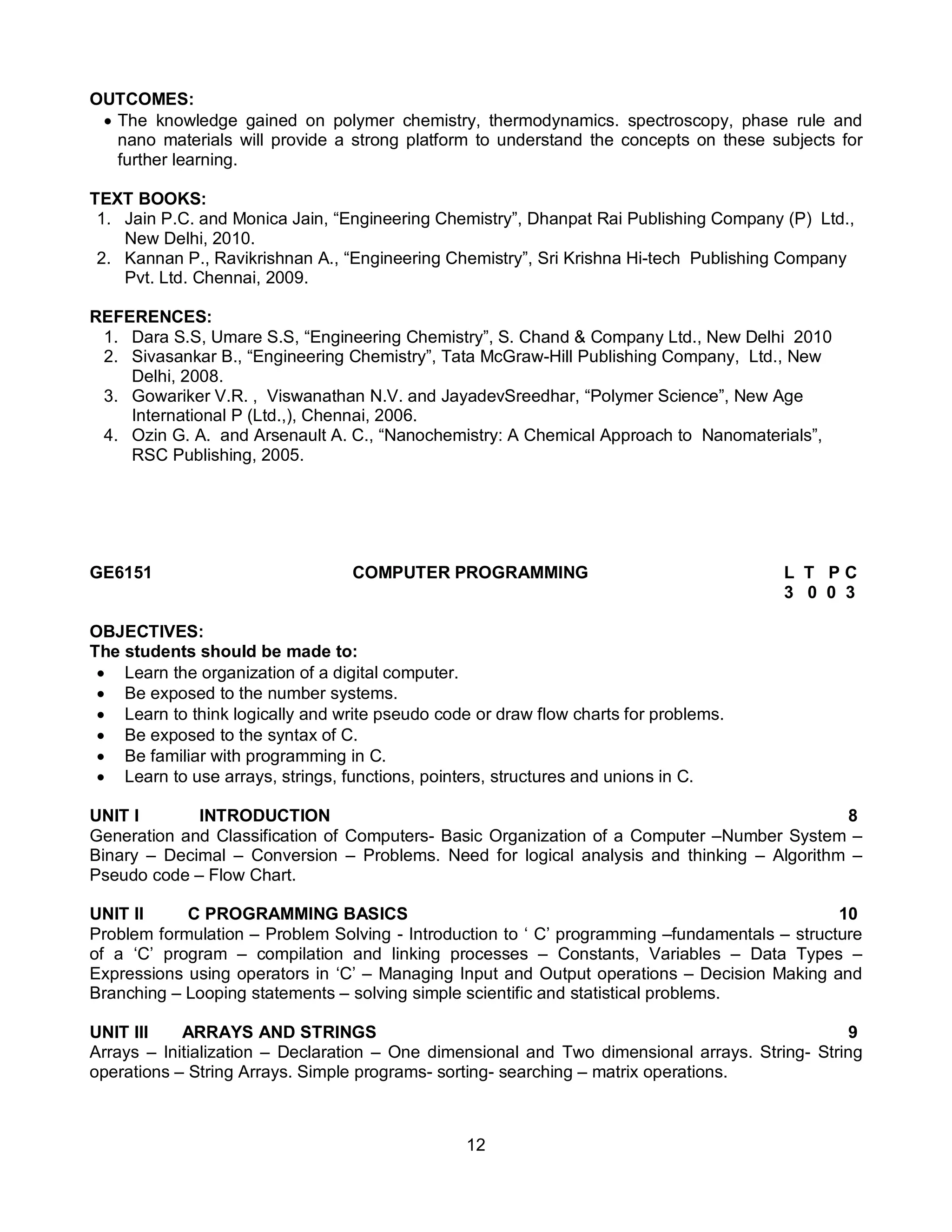 12
OUTCOMES:
 The knowledge gained on polymer chemistry, thermodynamics. spectroscopy, phase rule and
nano materials will provide a strong platform to understand the concepts on these subjects for
further learning.
TEXT BOOKS:
1. Jain P.C. and Monica Jain, “Engineering Chemistry”, Dhanpat Rai Publishing Company (P) Ltd.,
New Delhi, 2010.
2. Kannan P., Ravikrishnan A., “Engineering Chemistry”, Sri Krishna Hi-tech Publishing Company
Pvt. Ltd. Chennai, 2009.
REFERENCES:
1. Dara S.S, Umare S.S, “Engineering Chemistry”, S. Chand & Company Ltd., New Delhi 2010
2. Sivasankar B., “Engineering Chemistry”, Tata McGraw-Hill Publishing Company, Ltd., New
Delhi, 2008.
3. Gowariker V.R. , Viswanathan N.V. and JayadevSreedhar, “Polymer Science”, New Age
International P (Ltd.,), Chennai, 2006.
4. Ozin G. A. and Arsenault A. C., “Nanochemistry: A Chemical Approach to Nanomaterials”,
RSC Publishing, 2005.
GE6151 COMPUTER PROGRAMMING L T P C
3 0 0 3
OBJECTIVES:
The students should be made to:
 Learn the organization of a digital computer.
 Be exposed to the number systems.
 Learn to think logically and write pseudo code or draw flow charts for problems.
 Be exposed to the syntax of C.
 Be familiar with programming in C.
 Learn to use arrays, strings, functions, pointers, structures and unions in C.
UNIT I INTRODUCTION 8
Generation and Classification of Computers- Basic Organization of a Computer –Number System –
Binary – Decimal – Conversion – Problems. Need for logical analysis and thinking – Algorithm –
Pseudo code – Flow Chart.
UNIT II C PROGRAMMING BASICS 10
Problem formulation – Problem Solving - Introduction to ‘ C’ programming –fundamentals – structure
of a ‘C’ program – compilation and linking processes – Constants, Variables – Data Types –
Expressions using operators in ‘C’ – Managing Input and Output operations – Decision Making and
Branching – Looping statements – solving simple scientific and statistical problems.
UNIT III ARRAYS AND STRINGS 9
Arrays – Initialization – Declaration – One dimensional and Two dimensional arrays. String- String
operations – String Arrays. Simple programs- sorting- searching – matrix operations.
 