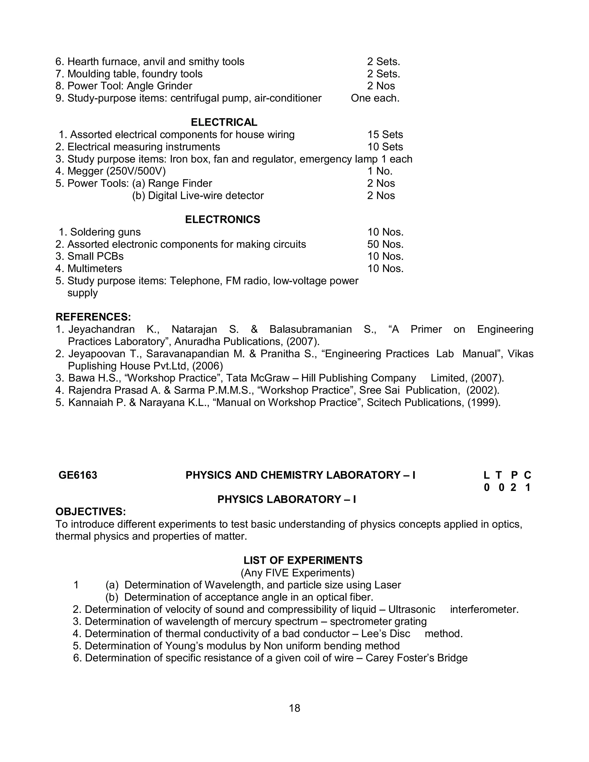 18
6. Hearth furnace, anvil and smithy tools 2 Sets.
7. Moulding table, foundry tools 2 Sets.
8. Power Tool: Angle Grinder 2 Nos
9. Study-purpose items: centrifugal pump, air-conditioner One each.
ELECTRICAL
1. Assorted electrical components for house wiring 15 Sets
2. Electrical measuring instruments 10 Sets
3. Study purpose items: Iron box, fan and regulator, emergency lamp 1 each
4. Megger (250V/500V) 1 No.
5. Power Tools: (a) Range Finder 2 Nos
(b) Digital Live-wire detector 2 Nos
ELECTRONICS
1. Soldering guns 10 Nos.
2. Assorted electronic components for making circuits 50 Nos.
3. Small PCBs 10 Nos.
4. Multimeters 10 Nos.
5. Study purpose items: Telephone, FM radio, low-voltage power
supply
REFERENCES:
1. Jeyachandran K., Natarajan S. & Balasubramanian S., “A Primer on Engineering
Practices Laboratory”, Anuradha Publications, (2007).
2. Jeyapoovan T., Saravanapandian M. & Pranitha S., “Engineering Practices Lab Manual”, Vikas
Puplishing House Pvt.Ltd, (2006)
3. Bawa H.S., “Workshop Practice”, Tata McGraw – Hill Publishing Company Limited, (2007).
4. Rajendra Prasad A. & Sarma P.M.M.S., “Workshop Practice”, Sree Sai Publication, (2002).
5. Kannaiah P. & Narayana K.L., “Manual on Workshop Practice”, Scitech Publications, (1999).
GE6163 PHYSICS AND CHEMISTRY LABORATORY – I L T P C
0 0 2 1
PHYSICS LABORATORY – I
OBJECTIVES:
To introduce different experiments to test basic understanding of physics concepts applied in optics,
thermal physics and properties of matter.
LIST OF EXPERIMENTS
(Any FIVE Experiments)
1 (a) Determination of Wavelength, and particle size using Laser
(b) Determination of acceptance angle in an optical fiber.
2. Determination of velocity of sound and compressibility of liquid – Ultrasonic interferometer.
3. Determination of wavelength of mercury spectrum – spectrometer grating
4. Determination of thermal conductivity of a bad conductor – Lee’s Disc method.
5. Determination of Young’s modulus by Non uniform bending method
6. Determination of specific resistance of a given coil of wire – Carey Foster’s Bridge
 