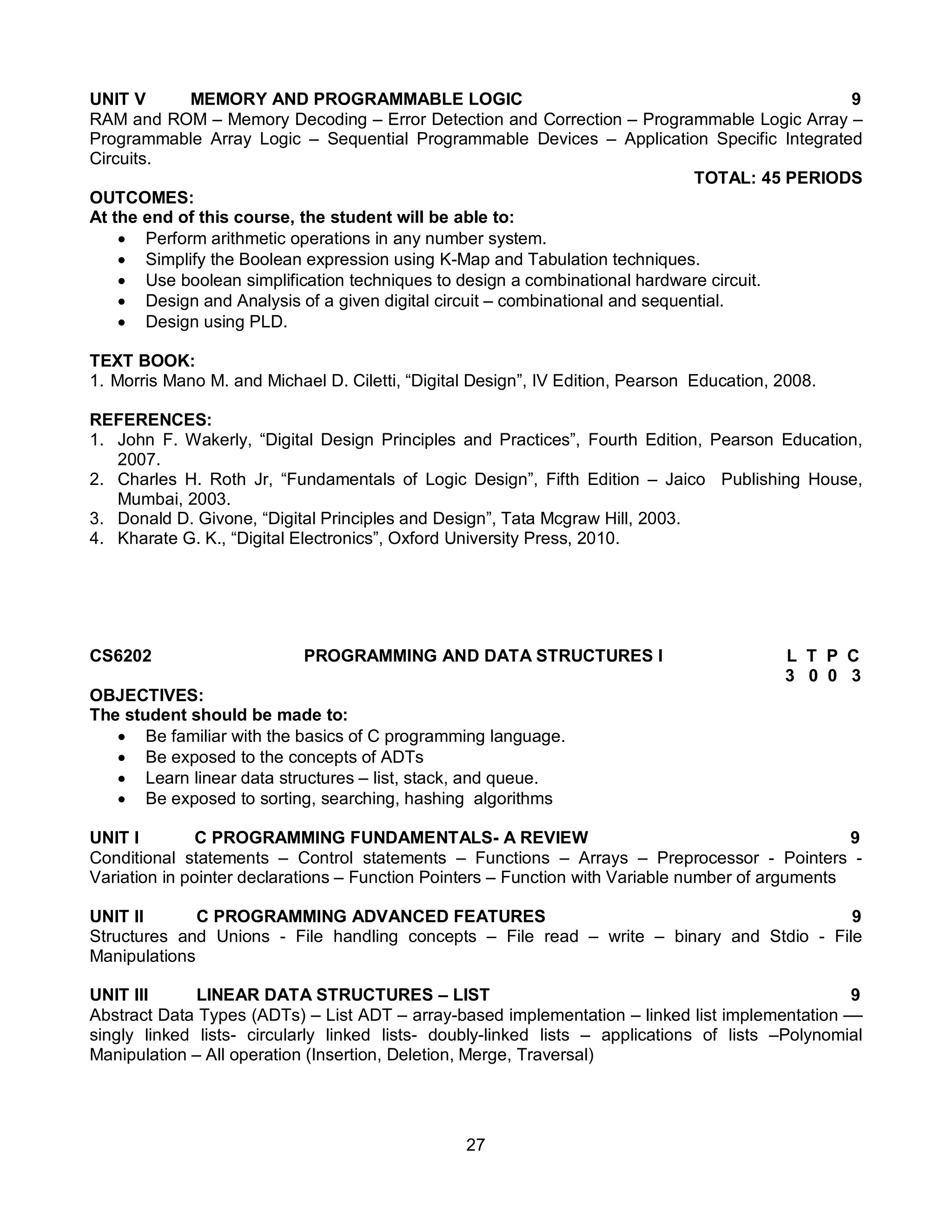 27
UNIT V MEMORY AND PROGRAMMABLE LOGIC 9
RAM and ROM – Memory Decoding – Error Detection and Correction – Programmable Logic Array –
Programmable Array Logic – Sequential Programmable Devices – Application Specific Integrated
Circuits.
TOTAL: 45 PERIODS
OUTCOMES:
At the end of this course, the student will be able to:
 Perform arithmetic operations in any number system.
 Simplify the Boolean expression using K-Map and Tabulation techniques.
 Use boolean simplification techniques to design a combinational hardware circuit.
 Design and Analysis of a given digital circuit – combinational and sequential.
 Design using PLD.
TEXT BOOK:
1. Morris Mano M. and Michael D. Ciletti, “Digital Design”, IV Edition, Pearson Education, 2008.
REFERENCES:
1. John F. Wakerly, “Digital Design Principles and Practices”, Fourth Edition, Pearson Education,
2007.
2. Charles H. Roth Jr, “Fundamentals of Logic Design”, Fifth Edition – Jaico Publishing House,
Mumbai, 2003.
3. Donald D. Givone, “Digital Principles and Design”, Tata Mcgraw Hill, 2003.
4. Kharate G. K., “Digital Electronics”, Oxford University Press, 2010.
CS6202 PROGRAMMING AND DATA STRUCTURES I L T P C
3 0 0 3
OBJECTIVES:
The student should be made to:
 Be familiar with the basics of C programming language.
 Be exposed to the concepts of ADTs
 Learn linear data structures – list, stack, and queue.
 Be exposed to sorting, searching, hashing algorithms
UNIT I C PROGRAMMING FUNDAMENTALS- A REVIEW 9
Conditional statements – Control statements – Functions – Arrays – Preprocessor - Pointers -
Variation in pointer declarations – Function Pointers – Function with Variable number of arguments
UNIT II C PROGRAMMING ADVANCED FEATURES 9
Structures and Unions - File handling concepts – File read – write – binary and Stdio - File
Manipulations
UNIT III LINEAR DATA STRUCTURES – LIST 9
Abstract Data Types (ADTs) – List ADT – array-based implementation – linked list implementation ––
singly linked lists- circularly linked lists- doubly-linked lists – applications of lists –Polynomial
Manipulation – All operation (Insertion, Deletion, Merge, Traversal)
 
