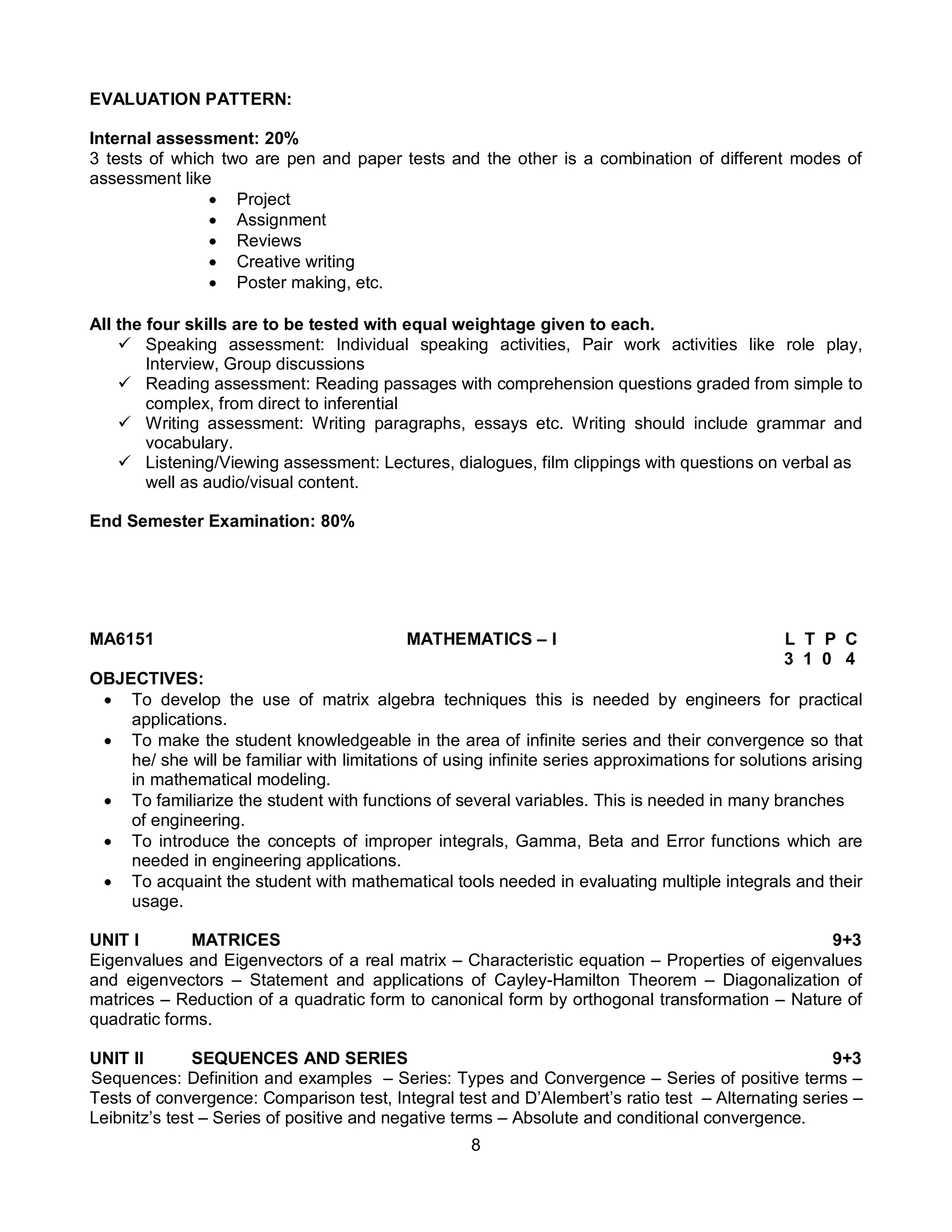 8
EVALUATION PATTERN:
Internal assessment: 20%
3 tests of which two are pen and paper tests and the other is a combination of different modes of
assessment like
 Project
 Assignment
 Reviews
 Creative writing
 Poster making, etc.
All the four skills are to be tested with equal weightage given to each.
 Speaking assessment: Individual speaking activities, Pair work activities like role play,
Interview, Group discussions
 Reading assessment: Reading passages with comprehension questions graded from simple to
complex, from direct to inferential
 Writing assessment: Writing paragraphs, essays etc. Writing should include grammar and
vocabulary.
 Listening/Viewing assessment: Lectures, dialogues, film clippings with questions on verbal as
well as audio/visual content.
End Semester Examination: 80%
MA6151 MATHEMATICS – I L T P C
3 1 0 4
OBJECTIVES:
 To develop the use of matrix algebra techniques this is needed by engineers for practical
applications.
 To make the student knowledgeable in the area of infinite series and their convergence so that
he/ she will be familiar with limitations of using infinite series approximations for solutions arising
in mathematical modeling.
 To familiarize the student with functions of several variables. This is needed in many branches
of engineering.
 To introduce the concepts of improper integrals, Gamma, Beta and Error functions which are
needed in engineering applications.
 To acquaint the student with mathematical tools needed in evaluating multiple integrals and their
usage.
UNIT I MATRICES 9+3
Eigenvalues and Eigenvectors of a real matrix – Characteristic equation – Properties of eigenvalues
and eigenvectors – Statement and applications of Cayley-Hamilton Theorem – Diagonalization of
matrices – Reduction of a quadratic form to canonical form by orthogonal transformation – Nature of
quadratic forms.
UNIT II SEQUENCES AND SERIES 9+3
Sequences: Definition and examples – Series: Types and Convergence – Series of positive terms –
Tests of convergence: Comparison test, Integral test and D’Alembert’s ratio test – Alternating series –
Leibnitz’s test – Series of positive and negative terms – Absolute and conditional convergence.
 