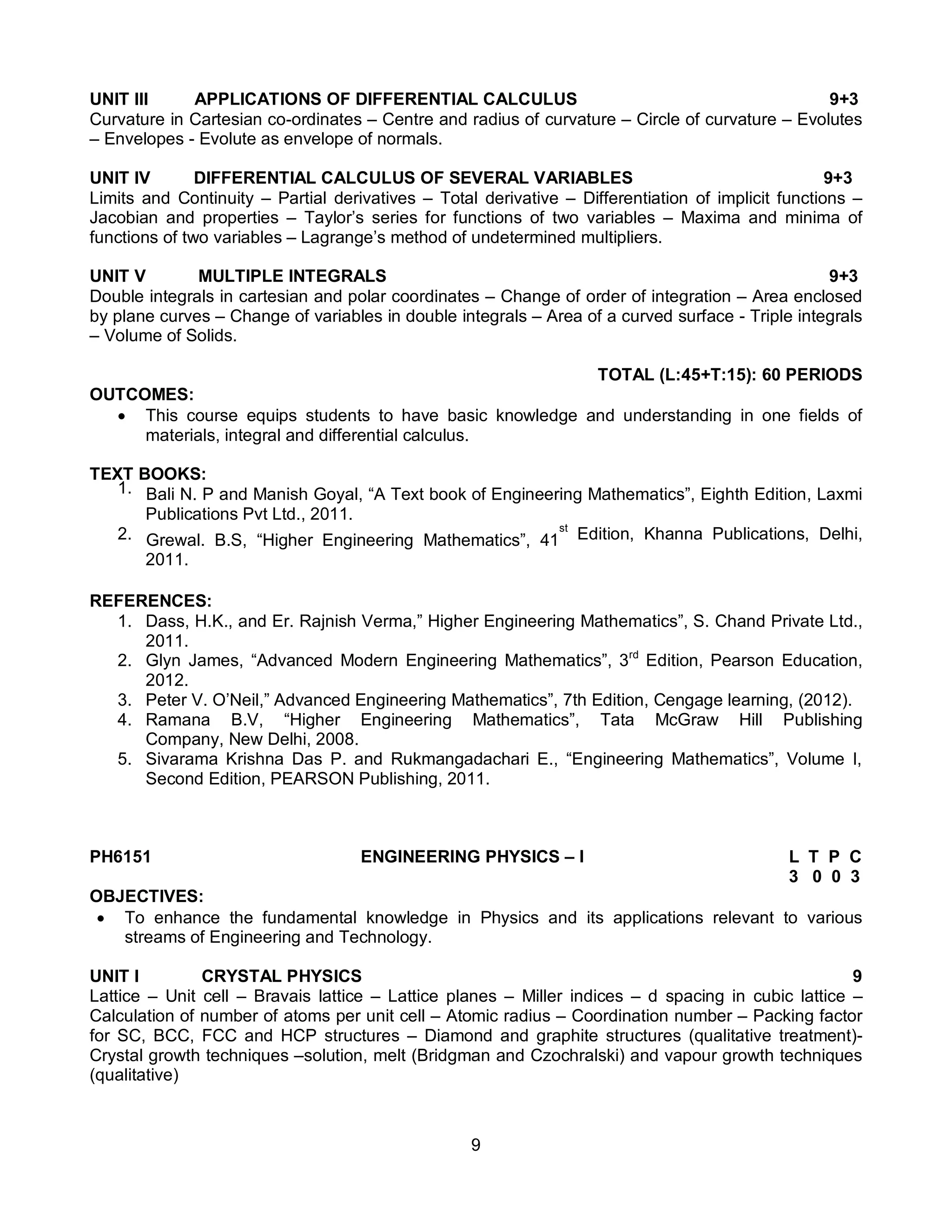 9
UNIT III APPLICATIONS OF DIFFERENTIAL CALCULUS 9+3
Curvature in Cartesian co-ordinates – Centre and radius of curvature – Circle of curvature – Evolutes
– Envelopes - Evolute as envelope of normals.
UNIT IV DIFFERENTIAL CALCULUS OF SEVERAL VARIABLES 9+3
Limits and Continuity – Partial derivatives – Total derivative – Differentiation of implicit functions –
Jacobian and properties – Taylor’s series for functions of two variables – Maxima and minima of
functions of two variables – Lagrange’s method of undetermined multipliers.
UNIT V MULTIPLE INTEGRALS 9+3
Double integrals in cartesian and polar coordinates – Change of order of integration – Area enclosed
by plane curves – Change of variables in double integrals – Area of a curved surface - Triple integrals
– Volume of Solids.
TOTAL (L:45+T:15): 60 PERIODS
OUTCOMES:
 This course equips students to have basic knowledge and understanding in one fields of
materials, integral and differential calculus.
TEXT BOOKS:
1. Bali N. P and Manish Goyal, “A Text book of Engineering Mathematics”, Eighth Edition, Laxmi
Publications Pvt Ltd., 2011.
2. Grewal. B.S, “Higher Engineering Mathematics”, 41
st
Edition, Khanna Publications, Delhi,
2011.
REFERENCES:
1. Dass, H.K., and Er. Rajnish Verma,” Higher Engineering Mathematics”, S. Chand Private Ltd.,
2011.
2. Glyn James, “Advanced Modern Engineering Mathematics”, 3rd
Edition, Pearson Education,
2012.
3. Peter V. O’Neil,” Advanced Engineering Mathematics”, 7th Edition, Cengage learning, (2012).
4. Ramana B.V, “Higher Engineering Mathematics”, Tata McGraw Hill Publishing
Company, New Delhi, 2008.
5. Sivarama Krishna Das P. and Rukmangadachari E., “Engineering Mathematics”, Volume I,
Second Edition, PEARSON Publishing, 2011.
PH6151 ENGINEERING PHYSICS – I L T P C
3 0 0 3
OBJECTIVES:
 To enhance the fundamental knowledge in Physics and its applications relevant to various
streams of Engineering and Technology.
UNIT I CRYSTAL PHYSICS 9
Lattice – Unit cell – Bravais lattice – Lattice planes – Miller indices – d spacing in cubic lattice –
Calculation of number of atoms per unit cell – Atomic radius – Coordination number – Packing factor
for SC, BCC, FCC and HCP structures – Diamond and graphite structures (qualitative treatment)-
Crystal growth techniques –solution, melt (Bridgman and Czochralski) and vapour growth techniques
(qualitative)
 