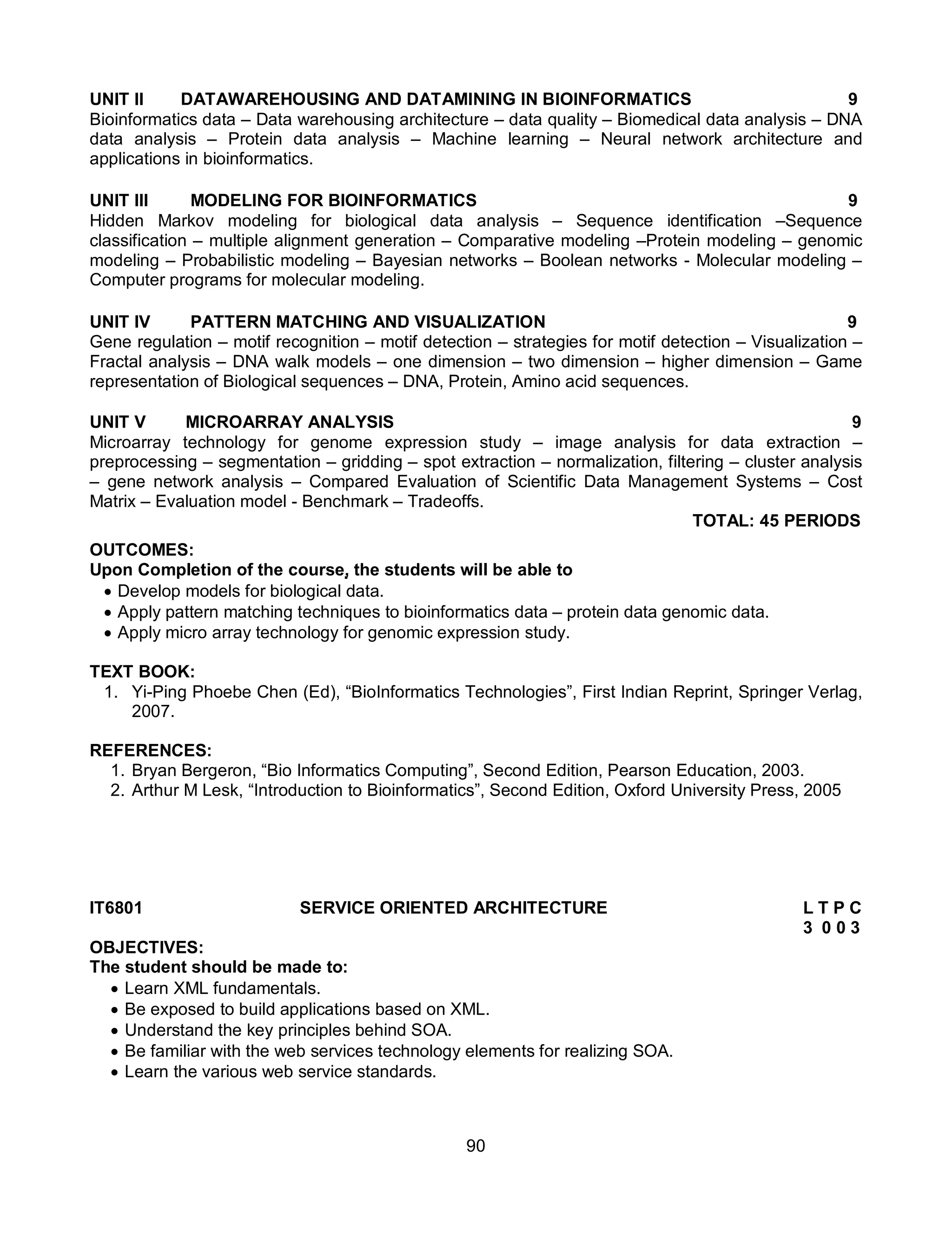 90
UNIT II DATAWAREHOUSING AND DATAMINING IN BIOINFORMATICS 9
Bioinformatics data – Data warehousing architecture – data quality – Biomedical data analysis – DNA
data analysis – Protein data analysis – Machine learning – Neural network architecture and
applications in bioinformatics.
UNIT III MODELING FOR BIOINFORMATICS 9
Hidden Markov modeling for biological data analysis – Sequence identification –Sequence
classification – multiple alignment generation – Comparative modeling –Protein modeling – genomic
modeling – Probabilistic modeling – Bayesian networks – Boolean networks - Molecular modeling –
Computer programs for molecular modeling.
UNIT IV PATTERN MATCHING AND VISUALIZATION 9
Gene regulation – motif recognition – motif detection – strategies for motif detection – Visualization –
Fractal analysis – DNA walk models – one dimension – two dimension – higher dimension – Game
representation of Biological sequences – DNA, Protein, Amino acid sequences.
UNIT V MICROARRAY ANALYSIS 9
Microarray technology for genome expression study – image analysis for data extraction –
preprocessing – segmentation – gridding – spot extraction – normalization, filtering – cluster analysis
– gene network analysis – Compared Evaluation of Scientific Data Management Systems – Cost
Matrix – Evaluation model - Benchmark – Tradeoffs.
TOTAL: 45 PERIODS
OUTCOMES:
Upon Completion of the course, the students will be able to
 Develop models for biological data.
 Apply pattern matching techniques to bioinformatics data – protein data genomic data.
 Apply micro array technology for genomic expression study.
TEXT BOOK:
1. Yi-Ping Phoebe Chen (Ed), “BioInformatics Technologies”, First Indian Reprint, Springer Verlag,
2007.
REFERENCES:
1. Bryan Bergeron, “Bio Informatics Computing”, Second Edition, Pearson Education, 2003.
2. Arthur M Lesk, “Introduction to Bioinformatics”, Second Edition, Oxford University Press, 2005
IT6801 SERVICE ORIENTED ARCHITECTURE L T P C
3 0 0 3
OBJECTIVES:
The student should be made to:
 Learn XML fundamentals.
 Be exposed to build applications based on XML.
 Understand the key principles behind SOA.
 Be familiar with the web services technology elements for realizing SOA.
 Learn the various web service standards.
 