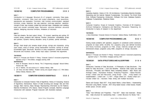 Schools of Engineering Amrita Vishwa Vidyapeetham
2015 admissions onwards
SYLLABI B. Tech - Computer Science & Engg.
Schools of Engineering Amrita Vishwa Vidyapeetham
2015 admissions onwards
SYLLABI B. Tech - Computer Science & Engg.
S 30
S 29
15CSE102 COMPUTER PROGRAMMING 3 0 0 3
Unit 1
Introduction to C language: Structure of a C program, comments, Data types,
Variables, constants, Data input and output statements, input assertions;
expressions and evaluation. Functions: inter function communication, standard
functions, scope. Selection: two way selection, multi-way selection, repetition:
concept of loop, loop invariant, pretest and post-test loops, initialization and updating,
event and counter controlled loops. Recursion: recursive definition, recursive
solution, designing recursive functions, limitations of recursion.
Unit 2
Files and streams, file input output. Arrays - 1D numeric, searching and sorting, 2D
numeric arrays: problems with matrices. Pointers: introduction, compatibility, arrays
and pointers, Dynamic memory allocation, array of pointers, pointer arithmetic.
Unit 3
Strings: fixed length and variable length strings, strings and characters, string
input output, array of strings, string manipulation functions, sorting of strings.
Enumerated types, Structures: Structure vs array comparison, complex structures,
Structures and functions, Union, binary input output, Command line arguments.
TEXTBOOK:
Behrouz A. Forouzan and Richard F. Filberg, “Computer Science A structured programming
approach using C”, Third Edition, Cengage Learning, 2006.
REFERENCES:
1. Brian W. Kernighan, Dennis M. Ritchie, “The C Programming Language”, Second Edition,
Prentice Hall, 1988.
2. Eric S. Roberts, “Art and science of C”, Addison Wesley, 1995.
3. Jeri Hanly and Elliot Koffman, “Problem solving and program design in C”, Fifth Edition,
Addison Wesley (Pearson), 2007.
15CSE111 COMPUTER SCIENCE ESSENTIALS 3 0 0 3
Unit 1
Introduction to Computer Science: Role of Algorithms, History of Computing, Science
of Algorithms, Abstractions. Basics of data encoding and storage: Bits and their
storage, Main memory, Mass Storage, Representing Information as Bit Patterns.
Machine Architecture: CPU Basics, Stored Program concepts, Machine Language
Introduction with example, Program Execution with illustrative example.
Unit 2
Operating Systems: History of OS, OS Architecture, Coordinating Machine Activities.
Networking and the Internet: Network Fundamentals, The Internet, The World Wide
Web. Software Engineering: Introduction, Software Life Cycle. Database Systems:
Database Fundamentals, Relational Model.
Unit 3
Computer Graphics: Scope of Computer Graphics, Overview of 3D Graphics.
Artificial Intelligence: Intelligence and Machines, Perception, Reasoning. An
Introduction to topics of research in the department.
TEXTBOOK:
J. Glenn Brookshear, “Computer Science: An Overview”, Addison-Wesley, Twelfth Edition, 2014.
15CSE180 COMPUTER PROGRAMMING LAB. 0 0 2 1
Solving simple problems with operators, programs on conditional control constructs,
programs on loops (while, do-while, for), programs using user defined functions
and library functions, programs on Files, arrays, matrices (single and multi-
dimensional arrays), programs using DMA, programs on strings, structures.
REFERENCE:
Behrouz A. Forouzan and Richard F. Filberg, “Computer Science A structured programming
approach using C”, Third Edition, Cengage Learning, 2007.
15CSE201 DATA STRUCTURES AND ALGORITHMS 3 1 0 4
Unit 1
Introduction: Overview of Data Structures – A Philosophy of Data Structures - The
Need for Data Structures – Cost and Benefits - Abstract Data Types and Data
Structures - Principles, and Patterns. Basic complexity analysis – Best, Worst, and
Average Cases - Asymptotic Analysis -Analyzing Programs – Space Bounds,
Arrays, Linked Lists and Recursion: Using Arrays - Lists - Array based List
Implementation – Linked Lists – LL ADT – Singly Linked List – Doubly Linked List –
Circular Linked List – recursion- linear, binary, and multiple recursions.
Stacks and Queues: Stack ADT - Array based Stacks, Linked Stacks – Implementing
Recursion using Stacks, Queues - ADT, Array based Queue, Linked Queue, Double-
ended queue, Circular queue.
Unit 2
Trees: Tree Definition and Properties – Tree ADT - Basic tree traversals - Binary
tree - Data structure for representing trees – Linked Structure for Binary Tree –
 