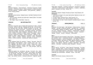 Schools of Engineering Amrita Vishwa Vidyapeetham
2015 admissions onwards
SYLLABI B. Tech - Computer Science & Engg.
Schools of Engineering Amrita Vishwa Vidyapeetham
2015 admissions onwards
SYLLABI B. Tech - Computer Science & Engg.
S 44
S 43
Unit 3
Distributed Databases – Data Distribution – Distributed Transactions, Parallel
Databases – Performance measure - Parallel operations for relational operations,
Information Integration – Federated Database – Data Warehouses – Mediators –
Schema matching methods.
TEXTBOOK:
Silberschatz, Korth and Sudarshan, “Database Concepts”, Sixth Edition, Tata McGraw Hill,2010.
REFERENCES:
1. Hector Garcia-Molina, Jeff Ullman, and Jennifer Widom, “Database Systems: The Complete
Book”, Pearson, 2011.
2. Niall O’Higgins, “Mongo D B and Python”, O’reilly, 2011.
15CSE334 BIG DATA ANALYTICS 3 0 0 3
Unit 1
Introduction to Big Data: Types of Digital Data-Characteristics of Data – Evolution
of Big Data - Definition of Big Data - Challenges with Big Data - 3Vs of Big Data -
Non Definitional traits of Big Data - Business Intelligence vs. Big Data - Data
warehouse and Hadoop environment - Coexistence. Big Data Analytics:
Classification of analytics - Data Science - Terminologies in Big Data - CAP Theorem
- BASE Concept. NoSQL: Types of Databases – Advantages – NewSQL - SQL vs.
NOSQL vs NewSQL. Introduction to Hadoop: Features – Advantages – Versions -
Overview of Hadoop Eco systems - Hadoop distributions - Hadoop vs. SQL –
RDBMS vs. Hadoop - Hadoop Components – Architecture – HDFS - Map Reduce:
Mapper – Reducer – Combiner – Partitioner – Searching – Sorting - Compression.
Hadoop 2 (YARN): Architecture - Interacting with Hadoop Eco systems.
Unit 2
No SQL databases: Mongo DB: Introduction – Features - Data types - Mongo DB
Query language - CRUD operations – Arrays - Functions: Count – Sort – Limit –
Skip – Aggregate - Map Reduce. Cursors – Indexes - Mongo Import – Mongo
Export. Cassandra: Introduction – Features - Data types – CQLSH - Key spaces -
CRUD operations – Collections – Counter – TTL - Alter commands - Import and
Export - Querying System tables.
Unit 3
Hadoop Eco systems: Hive – Architecture - data type - File format – HQL – SerDe
- User defined functions - Pig: Features – Anatomy - Pig on Hadoop - Pig Philosophy
- Pig Latin overview - Data types - Running pig - Execution modes of Pig - HDFS
commands - Relational operators - Eval Functions - Complex data type - Piggy
Bank - User defined Functions - Parameter substitution - Diagnostic operator.
Jasper Report: Introduction - Connecting to Mongo DB - Connecting to Cassandra
- Introduction to Machine learning: Linear Regression – Clustering - Collaborative
filtering - Association rule mining - Decision tree.
TEXTBOOK:
Seema Acharya, Subhashini Chellappan, “Big Data and Analytics”, Wiley Publication, 2015.
REFERENCES:
1. Judith Hurwitz, Alan Nugent, Dr. Fern Halper, Marcia Kaufman, “Big Data for Dummies”, John
Wiley & Sons, Inc., 2013.
2. Tom White, “Hadoop: The Definitive Guide”, O’Reilly Publications, 2011.
3. Kyle Banker, “Mongo DB in Action”, Manning Publications Company, 2012.
4. Russell Bradberry, Eric Blow, “Practical Cassandra A developers Approach“, Pearson
Education, 2014.
15CSE335 BIOINFORMATICS 3 0 0 3
Unit 1
Introduction: The Central Dogma – Killer Application – Parallel Universes – Watson’s
Definition – Top-Down vs Bottom-Up Approach – Information Flow – Conversance
– Communications. Database and Networks: Definition – Data Management – Data
Life Cycle – Database Technology – Interfaces – Implementation – Networks:
Communication Models – Transmission Technology – Protocols – Bandwidth –
Topology – Contents – Security – Ownership – Implementation.
Unit 2
Search Engines and Data Visualization: Search Process – Technologies – Searching
and Information Theory – Computational Methods – Knowledge Management –
Sequence Visualizations – Structure Visualizations – User Interfaces – Animation
vs Simulation. Statistics, Data Mining and Pattern Matching: Statistical Concepts –
Micro Arrays – Imperfect Data – Basics – Quantifying – Randomness – Data
Analysis – Tools Selection – Alignment – Clustering – Classification – Data Mining
Methods – Technology – Infrastructure Pattern Recognition – Discovery.
Unit 3
Machine Learning – Text Mining – Pattern Matching Fundamentals – Dot Matrix
Analysis – Substitution Matrix – Dynamic Programming – Word Method – Bayesian
Method – Multiple Sequence Alignment Tools. Modelling Simulation and Collaboration:
Drug Discovery Fundamentals – Protein Structure – System Biology Tools –
Collaboration and Communication – Standards – Issues – Case Study.
TEXTBOOK:
Bergeron B, “Bio Informatics Computing”, Prentice Hall, 2003.
 