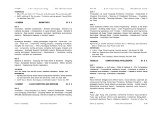 Schools of Engineering Amrita Vishwa Vidyapeetham
2015 admissions onwards
SYLLABI B. Tech - Computer Science & Engg.
Schools of Engineering Amrita Vishwa Vidyapeetham
2015 admissions onwards
SYLLABI B. Tech - Computer Science & Engg.
S 46
S 45
REFERENCES:
1. Affward T K and Smith D J P, “Introduction to Bio Informatics”, Pearson Education, 2001.
2. Baldi P and Brunak S, “Bio Informatics - The Machine Learning Approach”, Second Edition,
First East West Press, 2003.
15CSE336 BIOMETRICS 3 0 0 3
Unit 1
Introduction - Biometric fundamentals – Biometric technologies – Biometrics vs
traditional techniques – Characteristics of a good biometric system – Benefits of
biometrics – Key biometric processes: verification, identification and biometric
matching – Performance measures in biometric systems.
Unit 2
Physiological Biometrics - Leading technologies: Finger-scan – Facial-scan – Iris-
scan – Voice-scan – components, working principles, competing technologies,
strengths and weaknesses – Other physiological biometrics: Hand-scan, Retina-
scan – components, working principles, competing technologies, strengths and
weaknesses – Automated fingerprint identification systems. Behavioural Biometrics:
Leading technologies: Signature-scan – Keystrokescan – components, working
principles, strengths and weaknesses.
Unit 3
Standards in Biometrics - Assessing the Privacy Risks of Biometrics – Designing
Privacy - Sympathetic Biometric Systems – Need for standards – different biometric
standards - Categorizing biometric applications.
TEXTBOOK:
Anil K Jain, Patrick Flynn, and Arun A Ross, “Handbook of Biometrics”, Springer, 2008.
REFERENCES:
1. Paul Reid, Samir Nanavati, Michael Thieme and Raj Nanavati, “Biometrics – Identity Verification
in a Networked World”, Wiley-Dream Tech India Private Limited, New Delhi, 2003.
2. John R Vacca, “Biometric Technologies and Verification Systems”, Elsevier Inc, 2007
15CSE337 CLOUD COMPUTING AND SERVICES 3 0 0 3
Unit 1
Introduction - Cloud computing at a Glance – Historical Development – Building
Cloud Computing Environments – Computing Platform and Technologies – Principles
of Parallel and Distributed Computing - Elements of parallel and Distributed Computing.
Unit 2
Virtualization and Cloud Computing Architecture: Introduction - Characteristic of
Virtualized Environments – Taxonomy of Virtualization Techniques - Virtualization
and Cloud Computing – Technology Examples - Cloud reference model – Types of
the Cloud.
Unit 3
Cloud Application Platform and Thread Programming - Anatomy of the Aneka
Container – Building Aneka Clouds – Cloud Programming and Management –
Programming Applications with Threads – Multithreading and Programming
Applications with Aneka Threads, Applications: Amazon Web Applications – Google
App Engine – Microsoft Azure – Scientific Applications – Business and Consumer
Applications - Third Party Cloud Services.
TEXTBOOK:
Rajkumar Buyya, Christian Vecchiola and Thamari Selvi S, “Mastering in Cloud Computing”,
McGraw Hill Education (India) Private Limited, 2013.
REFERENCES:
1. Anthony T Velte, “Cloud Computing: A practical Approach”, Tata McGraw Hill, 2009.
2. Halper Fern, Kaufman Marcia, Bloor Robin and Hurwit Judith, “Cloud Computing for Dummies”,
Wiley India, 2009.
3. Michael Miller, “Cloud Computing”, Pearson Education, New Delhi, 2009.
15CSE338 COMPUTATIONAL INTELLIGENCE 3 0 0 3
Unit 1
Artificial Intelligence – a brief review – Pitfalls of traditional AI – Why Computational
Intelligence? – Computational intelligence concept - Importance of tolerance of
imprecision and uncertainty - Constituent techniques – Overview of Artificial Neural
Networks, Fuzzy Logic, Evolutionary Computation.
Unit 2
Neural Network: Biological and artificial neuron, neural networks, supervised and
unsupervised learning. Single layer Perceptron, Multilayer Perceptron – Back
propagation learning. Neural networks as associative memories - Hopfield networks,
Bidirectional Associative Memory. Topologically organized neural networks –
competitive learning, kohonen maps.
Unit 3
Fuzzy Logic: Fuzzy sets, properties, membership functions, fuzzy operations.
Fuzzy logic and fuzzy inference and applications, Evolutionary Computation -
constituent algorithms, Swarm intelligence algorithms - Overview of other bio-
 