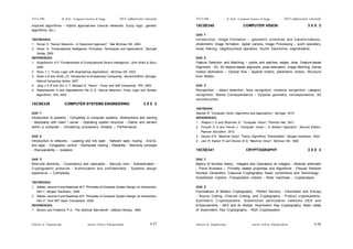 Schools of Engineering Amrita Vishwa Vidyapeetham
2015 admissions onwards
SYLLABI B. Tech - Computer Science & Engg.
Schools of Engineering Amrita Vishwa Vidyapeetham
2015 admissions onwards
SYLLABI B. Tech - Computer Science & Engg.
S 48
S 47
inspired algorithms - Hybrid approaches (neural networks, fuzzy logic, genetic
algorithms etc.)
TEXTBOOKS:
1. Kumar S, “Neural Networks - A Classroom Approach”, Tata McGraw Hill, 2004.
2. Konar. A, “Computational Intelligence: Principles, Techniques and Applications”, Springer
Verlag, 2005
REFERENCES:
1. Engelbrecht, A.P, “Fundamentals of Computational Swarm Intelligence”, John Wiley & Sons,
2006.
2. Ross T J, “Fuzzy Logic with Engineering Applications”, McGraw Hill, 2002.
3. Eiben A E and Smith J E, “Introduction to Evolutionary Computing”, Second Edition, Springer,
Natural Computing Series, 2007.
4. Jang J S R and Sun C T, Mizutani E, “Neuro - Fuzzy and Soft Computing”, PHI, 2002.
5. Rajashekaran S and Vijayalakshmi Pai G A, “Neural Networks, Fuzzy Logic and Genetic
Algorithms”, PHI, 2003.
15CSE339 COMPUTER SYSTEMS ENGINEERING 3 0 0 3
Unit 1
Introduction to systems - Complexity in computer systems -Abstractions and naming
- Modularity with client / server - Operating system structure - Clients and servers
within a computer - Virtualizing processors: threads – Performance.
Unit 2
Introduction to networks - Layering and link layer - Network layer, routing - End-to-
end layer - Congestion control - Distributed naming - Reliability - Atomicity concepts
- Recoverability – Isolation
Unit 3
Multi-site atomicity - Consistency and replication - Security intro - Authentication -
Cryptographic protocols - Authorization and confidentiality - Systems design
experience – Complexity.
TEXTBOOKS:
1. Saltzer, Jerome H and Kaashoek M F, “Principles of Computer System Design: An Introduction,
Part I”, Morgan Kaufmann, 2009.
2. Saltzer, Jerome H and Kaashoek M F, “Principles of Computer System Design: An Introduction,
Part II”, from MIT Open Courseware, 2009.
REFERENCES:
1. Brooks and Frederick P Jr, “The Mythical Man-Month”, Addison-Wesley, 1995.
15CSE340 COMPUTER VISION 3 0 0 3
Unit 1
Introduction, Image Formation – geometric primitives and transformations,
photometric image formation, digital camera, Image Processing – point operators,
linear filtering, neighbourhood operators, fourier transforms, segmentation.
Unit 2
Feature Detection and Matching – points and patches, edges, lines, Feature-based
Alignment - 2D, 3D feature-based alignment, pose estimation, Image Stitching, Dense
motion estimation – Optical flow - layered motion, parametric motion, Structure
from Motion.
Unit 3
Recognition - object detection, face recognition, instance recognition, category
recognition, Stereo Correspondence – Epipolar geometry, correspondence, 3D
reconstruction.
TEXTBOOK:
Szeliski R, “Computer Vision: Algorithms and Applications”, Springer, 2010.
REFERENCES:
1. Shapiro L G and Stockman G., “Computer Vision”, Prentice Hall, 2001.
2. Forsyth D A and Ponce J, “Computer Vision – A Modern Approach”, Second Edition,
Pearson Education, 2012.
3. Davies E.R, “Machine Vision: Theory, Algorithms, Practicalities”, Morgan Kaufmann, 2004.
4. Jain R, Kasturi R and Shunck B G, “Machine Vision”, McGraw Hill, 1995.
15CSE341 CRYPTOGRAPHY 3 0 0 3
Unit 1
Basics of Number theory - Integers and Operations on Integers - Modular arithmetic
- Prime Numbers – Primality related properties and Algorithms - Pseudo Random
Number Generation. Classical Cryptography: Basic conventions and Terminology -
Substitution Ciphers -Transposition ciphers - Rotor machines - Cryptanalysis.
Unit 2
Foundations of Modern Cryptography - Perfect Secrecy - Information and Entropy
- Source Coding, Channel Coding, and Cryptography - Product cryptosystems.
Symmetric Cryptosystems: Substitution permutation networks DES and
Enhancements - AES and its Modes. Asymmetric Key Cryptography: Basic Ideas
of Asymmetric Key Cryptography - RSA Cryptosystem.
 