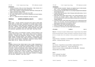 Schools of Engineering Amrita Vishwa Vidyapeetham
2015 admissions onwards
SYLLABI B. Tech - Computer Science & Engg.
Schools of Engineering Amrita Vishwa Vidyapeetham
2015 admissions onwards
SYLLABI B. Tech - Computer Science & Engg.
REFERENCES:
1. Corporate Governance, Ethics and Social Responsibility, V Bala Chandran and V
Chandrasekaran, PHI learning Private Limited, New Delhi 2011.
2. White H. (2005) Challenges in evaluating development effectiveness: Working paper 242,
Institute of Development Studies, Brighton.
3. UNDP (nd) Governance indicators: A users guide. Oslo: UNDP
4. Rao, Subbha (1996) Essentials of Human Resource Management and Industrial Relations,
Mumbai, Himalaya
5. Rao, V. S. L. (2009) Human Resource Management, New Delhi, Excel Books,
15SWK231 WORKPLACE MENTAL HEALTH 2 0 0 2
Unit 1
Mental Health – concepts, definition, Bio-psycho-social model of mental health.
Mental health and mental illness, characteristics of a mentally healthy individual,
Signs and symptoms of mental health issues, presentation of a mentally ill person.
Work place – definition, concept, prevalence of mental health issues in the work
place, why invest in workplace mental health, relationship between mental health
and productivity, organizational culture and mental health. Case Study, Activity.
Unit 2
Mental Health Issues in the Workplace: Emotions, Common emotions at the
workplace, Mental Health issues - Anger, Anxiety, Stress & Burnout, Depression,
Addictions – Substance and Behavioural, Psychotic Disorders - Schizophrenia,
Bipolar Disorder, Personality disorders. Crisis Situations - Suicidal behavior, panic
attacks, reactions to traumatic events. Stigma and exclusion of affected employees.
Other issues –work-life balance, Presenteeism, Harassment, Bullying, Mobbing.
Mental Health First Aid - Meaning. Case Study, Activity.
Unit 3
Strategies of Help and Care: Positive impact of work on health, Characteristics of
mentally healthy workplace, Employee and employer obligations, Promoting mental
health and well being- corporate social responsibility (CSR), an inclusive work
environment, Training and awareness raising, managing performance, inclusive
recruitment, Supporting individuals-talking about mental health, making reasonable
adjustments, Resources and support for employees - Employee Assistance
Programme / Provider (EAP), in house counsellor, medical practitioners, online
resources and telephone support, 24 hour crisis support, assistance for colleagues
and care givers, Legislations. Case Study, Activity.
S 150
S 149
REFERENCES:
1. American Psychiatric Association. “Diagnostic and statistical manual of mental disorders:
DSM - IV 4th ed.” www.terapiacognitiva.eu/dwl/dsm5/DSM-IV.pdf
2. American Psychiatric Association.(2000) www.ccsa.ca/Eng/KnowledgeCentre/OurDatabases/
Glossary/Pages/index.aspx.
3. Canadian Mental Health Association, Ontario “Workplace mental health promotion, A how to
guide”wmhp.cmhaontario.ca/
4. Alberta Health Services Mental Health Promotion. (2012). Minding theWorkplace: Tips for
employees and managers together. Calgary: Alberta Health Services.http://
www.mentalhealthpromotion.net/resources/minding-the-workplace-tips-for-employees-and-
managers-together.pdf
5. Government of Western Australia, Mental Health Commission.(2014) “Supporting good mental
health in the work place.” http://www.mentalhealth.wa.gov.au/Libraries/pdf_docs/
supporting_good_mental_health_in_the_workplace_1.sflb.ashx
6. Mental Health Act 1987 (India) www.tnhealth.org/mha.htm
7. Persons with disabilities Act 1995 (India) socialjustice.nic.in
8. The Factories Act 1948 (India) www.caaa.in/Image/19ulabourlawshb.pdf
 
