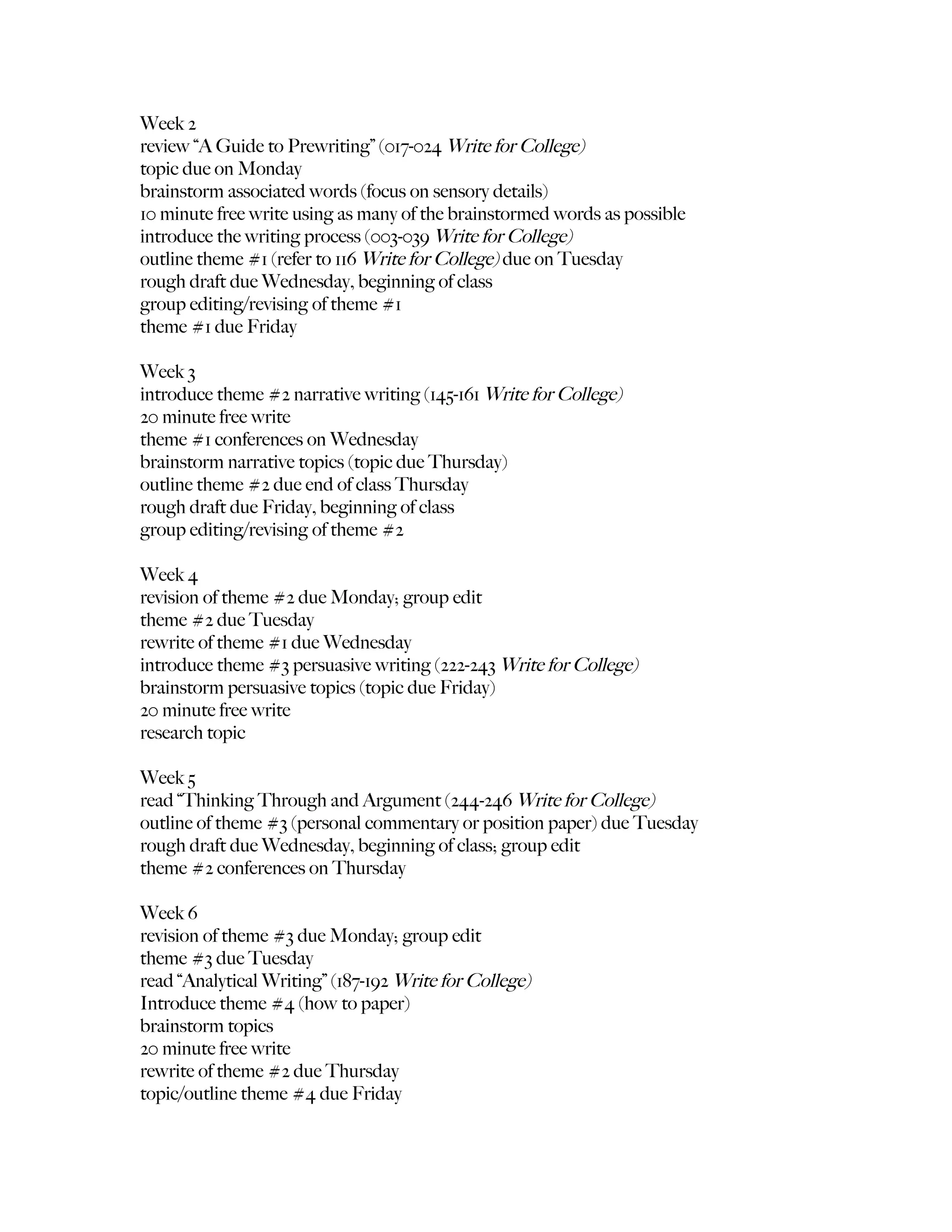 Week 2
review “A Guide to Prewriting” (017-024 Write for College)
topic due on Monday
brainstorm associated words (focus on sensory details)
10 minute free write using as many of the brainstormed words as possible
introduce the writing process (003-039 Write for College)
outline theme #1 (refer to 116 Write for College) due on Tuesday
rough draft due Wednesday, beginning of class
group editing/revising of theme #1
theme #1 due Friday

Week 3
introduce theme #2 narrative writing (145-161 Write for College)
20 minute free write
theme #1 conferences on Wednesday
brainstorm narrative topics (topic due Thursday)
outline theme #2 due end of class Thursday
rough draft due Friday, beginning of class
group editing/revising of theme #2

Week 4
revision of theme #2 due Monday; group edit
theme #2 due Tuesday
rewrite of theme #1 due Wednesday
introduce theme #3 persuasive writing (222-243 Write for College)
brainstorm persuasive topics (topic due Friday)
20 minute free write
research topic

Week 5
read “Thinking Through and Argument (244-246 Write for College)
outline of theme #3 (personal commentary or position paper) due Tuesday
rough draft due Wednesday, beginning of class; group edit
theme #2 conferences on Thursday

Week 6
revision of theme #3 due Monday; group edit
theme #3 due Tuesday
read “Analytical Writing” (187-192 Write for College)
Introduce theme #4 (how to paper)
brainstorm topics
20 minute free write
rewrite of theme #2 due Thursday
topic/outline theme #4 due Friday
 