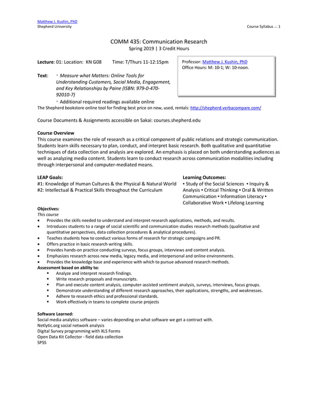 Applied Communication Research Class Syllabus - Spring 2019 | PDF