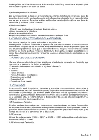 d) Formas organizativas de las clases
Los alumnos asistirán a clase con el material guía adelantando la lectura del tema de clase de
acuerdo a la instrucción previa del docente, sobre los puntos sobresalientes o trascendentales
que se van a exponer. De estos análisis saldrán los trabajos bibliográficos que deberán
desarrollar y entregar posteriormente.
investigación, recopilación de datos acerca de los procesos y datos de la empresa para
estructurar esquemas de base de datos.
•Pizarrón para tiza líquida y marcadores de varios colores.
•Libros y revistas de la biblioteca.
•Internet y material de Webs.
•Equipo de proyección multimedia y material académico en Power Point.
6. COMPONENTE INVESTIGATIVO DE LA ASIGNATURA:
7. PORTAFOLIO DE LA ASIGNATURA:
Los tipos de investigación que se realizará en la asignatura son:
Investigación Formativa.- Referida al aprendizaje por descubrimiento y construcción del
conocimiento por parte de los estudiantes. Este método consiste en que el profesor a partir de
una situación problémica, logra que el estudiante busque, indague, y encuentre situaciones
similares, así mismo que haga revisiones de literatura, (bibliografía, códigos y especificaciones)
recoja datos, los organice, interprete y encuentre soluciones a las dificultades planteadas por los
profesores.
e) Medios tecnológicos
Durante el desarrollo de la actividad académica el estudiante construirá un Portafolio que
comprende la evidencia de dichas actividades.
El portafolio de la asignatura contendrá la siguiente información
•Carátula
•Syllabus
•Tareas en clase
•Tareas, trabajos de investigación
•Evaluaciones por unidad
•Evaluación final
•Proyecto de fin de módulo
8. EVALUACIÓN:
La evaluación será diagnóstica, formativa y sumativa, considerándolas necesarias y
complementarias para una valoración global y objetiva de lo que ocurre en la situación de
enseñanza y aprendizaje. Los alumnos serán evaluados con los siguientes parámetros,
considerando que la calificación de los exámenes finales de cada parcial corresponderán al 30%
de la valoración total, el restante 70% se lo debe distribuir de acuerdo a los demás parámetros,
utilizando un mínimo de cinco parámetros.
8.1 Evaluaciones Parciales:
Pruebas parciales dentro del proceso, determinadas con antelación en las clases. Presentación
de informes escritos como producto de investigaciones bibliográficas. Participación en clases a
partir del trabajo autónomo del estudiante; y, participación en prácticas de laboratorio y de
campo de acuerdo a la pertinencia en la asignatura.
8.1 Exámenes:
Al final de cada semestre (29/06 – 04/07) y (07/09 – 12/09), establecidos en el calendario
académico del ciclo o nivel.
8.3 Parámetros de Evaluación:
Pág 7 de 9
 
