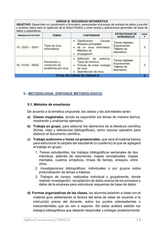 Syllabus Estandarizado-UTMACH | 5
UNIDAD III: SEGURIDAD INFORMÁTICA
OBJETIVO: Desarrollar un cuestionario o formulario, personalizar el proceso de entrada de datos y escribir
y analizar datos para la vigilancia de la Salud Pública y otras tareas y aplicaciones generales de base de
datos y estadísticas.
SEMANAS DE ESTUDIO TEMAS CONTENIDOS
ESTRATEGIAS DE
APRENDIZAJE
HORA
S
15.- 25/01 – 30/01
Tipos de virus
informáticos
 Clasificación. Causas.
Módulos principales
 de un virus informático.
Métodos de
 propagación
Tareas digitales.
Exposiciones.
Talleres de
laboratorio.
3
16.- 01/02 – 06/02
Prevención y
corrección de
problemas por virus
 Definición de antivirus.
Tipos de antivirus.
 Formas de evitar contagio
de virus.
 Desinfección de virus.
Tareas digitales.
Exposiciones.
Talleres de
laboratorio.
3
TOTAL DE HORAS DE UNIDAD III 6
5.- METODOLOGIA: (ENFOQUE METODOLOGICO)
5.1. Métodos de enseñanza
De acuerdo a la temática propuesta, las clases y las actividades serán:
a) Clases magistrales, donde se expondrán los temas de manera teórica,
mostrando y analizando ejemplos.
b) Trabajo en grupo, para elaborar los elementos de la literatura científica
(fichas, citas y referencias bibliográficas), como recurso operativo para
elaborar el documento científico.
c) Trabajo autónomo u horas no presenciales, que será el material básico
para estructurar la carpeta del estudiante (o cuaderno) al que se agregará
el trabajo en grupo:
1. Tareas estudiantiles, los trabajos bibliográficos semanales de tipo
individual, además de resúmenes, mapas conceptuales, mapas
mentales, cuadros sinópticos, líneas de tiempo, ensayos, entre
otros.
2. Investigaciones bibliográficas, individuales o por grupos sobre
profundización de temas a tratarse.
3. Trabajos de campo, realizados individual o grupalmente, donde
realizan investigación, recopilación de datos acerca de los procesos y
datos de la empresa para estructurar esquemas de base de datos.
d) Formas organizativas de las clases, los alumnos asistirán a clase con el
material guía adelantando la lectura del tema de clase de acuerdo a la
instrucción previa del docente, sobre los puntos sobresalientes o
trascendentales que se van a exponer. De estos análisis saldrán los
trabajos bibliográficos que deberán desarrollar y entregar posteriormente.
 
