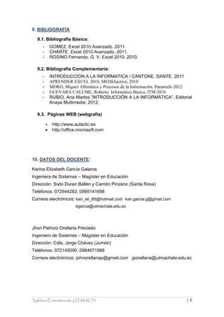 Syllabus Estandarizado-UTMACH | 8
9. BIBLIOGRAFÍA
9.1. Bibliografía Básica:
- GOMEZ. Excel 2010 Avanzado. 2011.
- CHARTE. Excel 2010 Avanzado. 2011.
- ROSINO Fernando. G. V. Excel 2010. 2010.
9.2. Bibliografía Complementaría:
- INTRODUCCION A LA INFORMATICA / CANTONE, DANTE, 2011
- APRENDER EXCEL 2010, MEDIAactive, 2010
- MORO, Miguel. Ofimática y Procesos de la Información. Paraninfo 2012
- GUEVARA CALUME, Roberto. Informática Básica. ITM 2010
- RUBIO, Ana Martos.”INTRODUCCIÓN A LA INFORMÁTICA”. Editorial
Anaya Multimedia. 2012.
9.3. Páginas WEB (webgrafía)
 http://www.aulaclic.es
 http://office.microsoft.com
10. DATOS DEL DOCENTE:
Karina Elizabeth García Galarza
Ingeniera de Sistemas – Magíster en Educación
Dirección: Sixto Duran Ballén y Carrión Pinzano (Santa Rosa)
Teléfonos: 072944283, 0995141698
Correos electrónicos: kari_eli_85@hotmail.com kari.garcia.g@gmail.com
kgarcia@utmachala.edu.ec
Jhon Patricio Orellana Preciado
Ingeniero de Sistemas – Magíster en Educación
Dirección: Cdla. Jorge Chávez (Jumón)
Teléfonos: 072145090, 0984671988
Correos electrónicos: johnorellanap@gmail.com jporellana@utmachala.edu.ec
 