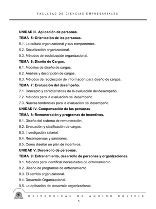 FACULTAD DE CIENCIAS EMPRESARIALES




UNIDAD III. Aplicación de personas.
TEMA 5: Orientación de las personas.
5.1. La cultura organizacional y sus componentes.
5.2. Socialización organizacional.
5.3. Métodos de socialización organizacional.
TEMA 6: Diseño de Cargos.
6.1. Modelos de diseño de cargos.
6.2. Análisis y descripción de cargos.
6.3. Métodos de recolección de información para diseño de cargos.
TEMA 7: Evaluación del desempeño.
7.1. Concepto y características de la evaluación del desempeño.
7.2. Métodos para la evaluación del desempeño.
7.3. Nuevas tendencias para la evaluación del desempeño.
UNIDAD IV. Compensación de las personas
TEMA 8: Remuneración y programas de incentivos.
8.1. Diseño del sistema de remuneración.
8.2. Evaluación y clasificación de cargos.
8.3. Investigación salarial.
8.4. Recompensas y sanciones.
8.5. Como diseñar un plan de incentivos.
UNIDAD V. Desarrollo de personas.
TEMA 9: Entrenamiento, desarrollo de personas y organizaciones.
9.1. Métodos para identificar necesidades de entrenamiento.
9.2. Diseño de programas de entrenamiento.
9.3. El cambio organizacional.
9.4. Desarrollo Organizacional.
9.5. La aplicación del desarrollo organizacional.

      U N   I V E    R S   I D A D       D E    A Q   U I N O     B O   L I V I A
                                         5
 