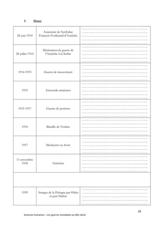 28
Sciences humaines – Les guerres mondiales au XXe siècle
3. Dates
28 juin 1914
Assassinat de l’archiduc
François-Ferdinand d’Autriche
……………………………………………………..
……………………………………………………..
……………………………………………………..
……………………………………………………..
……………………………………………………..
28 juillet 1914
Déclaration de guerre de
l’Autriche à la Serbie
……………………………………………………..
……………………………………………………..
……………………………………………………..
……………………………………………………..
……………………………………………………..
1914-1915 Guerre de mouvement
……………………………………………………..
……………………………………………………..
……………………………………………………..
……………………………………………………..
……………………………………………………..
1915 Génocide arménien
……………………………………………………..
……………………………………………………..
……………………………………………………..
……………………………………………………..
……………………………………………………..
1915-1917 Guerre de position
……………………………………………………..
……………………………………………………..
……………………………………………………..
……………………………………………………..
……………………………………………………..
1916 Bataille de Verdun
……………………………………………………..
……………………………………………………..
……………………………………………………..
……………………………………………………..
……………………………………………………..
1917 Mutineries au front
……………………………………………………..
……………………………………………………..
……………………………………………………..
……………………………………………………..
……………………………………………………..
11 novembre
1918 Armistice
……………………………………………………..
……………………………………………………..
……………………………………………………..
……………………………………………………..
……………………………………………………..
1939 Attaque de la Pologne par Hitler
et puis Staline
……………………………………………………..
……………………………………………………..
……………………………………………………..
……………………………………………………..
……………………………………………………..
 