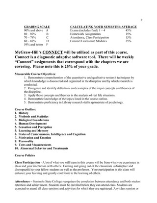 2

       GRADING SCALE                         CALCULATING YOUR SEMESTER AVERAGE
       90% and above A                       Exams (includes final) 1 – 4    45%
       80 – 89%      B                       Homework Assignments            15%
       70 – 79%      C                       Attendance, Class Participation 15%
       60 – 69%      D                       Connect Learnsmart Modules      25%
       59% and below F

McGraw-Hill’s CONNECT will be utilized as part of this course.
Connect is a diagnostic adaptive software tool. There will be weekly
“Connect” assignments that correspond with the chapters we are
covering. Please note this is 25% of your grade.
Measurable Course Objectives:
     1. Demonstrate comprehension of the quantitative and qualitative research techniques by
     which knowledge is discovered and organized in the discipline and by which research is
     conducted.
     2. Recognize and identify definitions and examples of the major concepts and theories of
     the discipline.
     3. Apply those concepts and theories in the analysis of real life situations.
     4. Demonstrate knowledge of the topics listed in the course outline.
     5. Demonstrate proficiency in Library research skills appropriate of psychology.

Course Outline:
1. History
2. Methods and Statistics
3. Biological Foundations
4. Human Development
5. Sensation and Perception
5. Learning and Memory
6. States of Consciousness, Intelligence and Cognition
7. Motivation and Emotion
8. Personality
9. Tests and Measurements
10. Abnormal Behavior and Treatments

Course Policies

Class Participation - A lot of what you will learn in this course will be from what you experience in
class and your interaction with others. Coming and going out of the classroom is disruptive and
disrespectful to your fellow students as well as the professor. Your participation in this class will
enhance your learning and greatly contribute to the learning of others.

Attendance – Seminole State College recognizes the correlation between attendance and both student
retention and achievement. Students must be enrolled before they can attend class. Students are
expected to attend all class sessions and activities for which they are registered. Any class session or
 