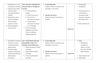 1. Explained the use of ICT
in assessment in learning
2. Explored various digital
online and offline
assessment alternatives
available
3. Described the current
trends in technology-
based assessment
practices in schools
4. Selected appropriate
assessment tools
Unit 6. Innovative technologies for
assessment tasks in Teaching and
Learning
1. ICT and assessment in
learning
A. Types of Assessment
B. Role of ICT in
Assessment of Learning
C. Current trends in
Assessment of Learning
a. Use of EPortfolio
2. Criteria in Choosing
Appropriate Assessment
Tools Use of Rubrics,
checklist, rating scale
 Lecture-Discussion
Students will have to be attentive and
participative in the lecture.
 Question and Answer
Students will answer the instructor’s
questions
Week 14-15
 Reporting and
Feedbacking
 Writing reflections on
current trends in
assessment, sample
alternative assessment
and sample rubrics.
 Paper and Pencil test
1. Described the community
of learners as citizens
who share and utilize
digital materials
2. Practiced standard
netiquette in sharing and
utilizing shared materials
among learning
communities
Unit 7. Social, Ethical and Legal
Responsibilities in the Use of
technology Tools and Resources
1. Digital citizenship vs. Global
Citizenship
a. Nine Elements of Digital
citizenship
b. Five tenets global digital
citizenship
 Lecture-Discussion
Students will have to be attentive and
participative in the lecture.
 Question and Answer
Students will answer the instructor’s
questions
Week 16-18
 Essay
- Described the
community of
learners as citizens
who share and utilize
digital materials.
 Paper and pencil Test
 Identification
 