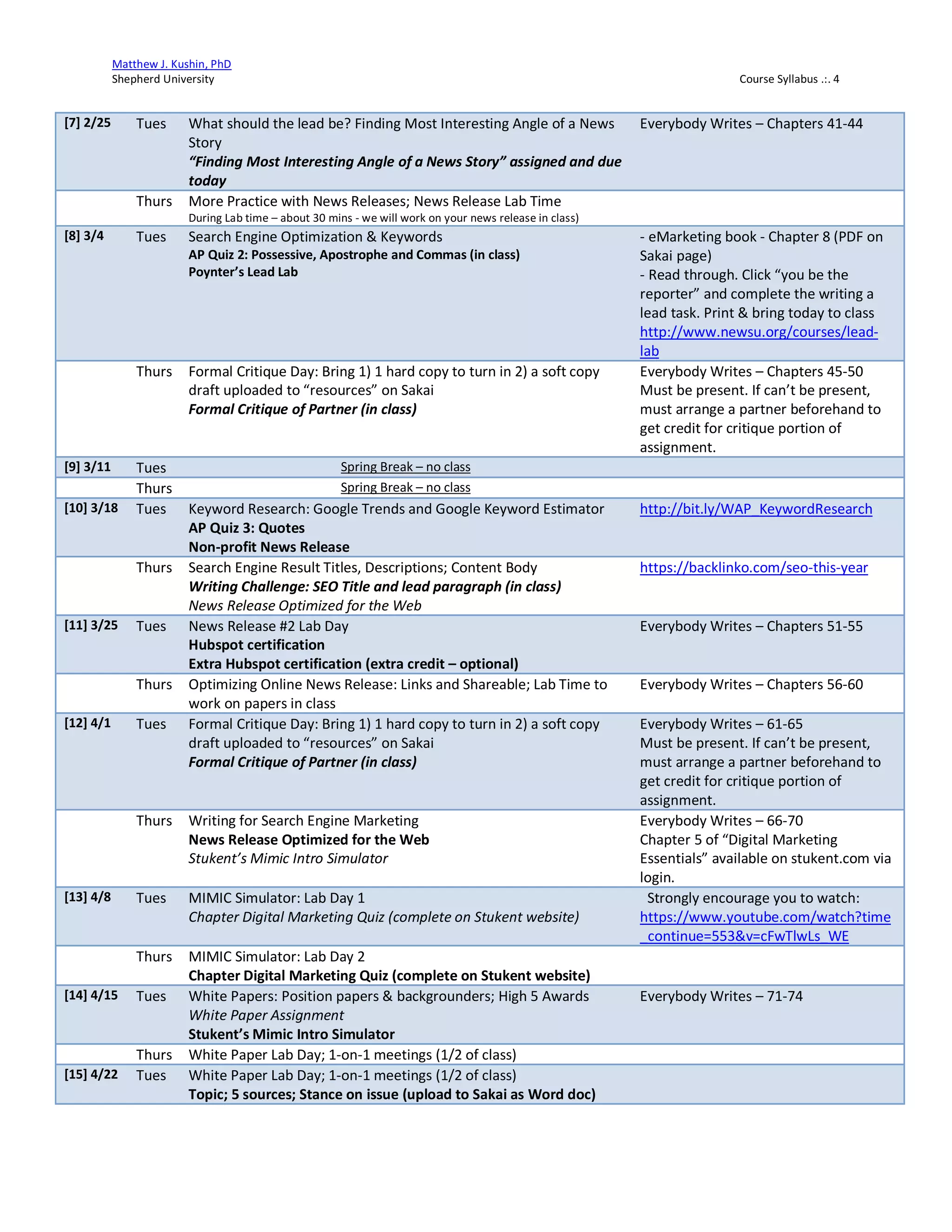 Matthew J. Kushin, PhD
Shepherd University Course Syllabus .:. 4
[7] 2/25 Tues What should the lead be? Finding Most Interesting Angle of a News
Story
“Finding Most Interesting Angle of a News Story” assigned and due
today
Everybody Writes – Chapters 41-44
Thurs More Practice with News Releases; News Release Lab Time
During Lab time – about 30 mins - we will work on your news release in class)
[8] 3/4 Tues Search Engine Optimization & Keywords
AP Quiz 2: Possessive, Apostrophe and Commas (in class)
Poynter’s Lead Lab
- eMarketing book - Chapter 8 (PDF on
Sakai page)
- Read through. Click “you be the
reporter” and complete the writing a
lead task. Print & bring today to class
http://www.newsu.org/courses/lead-
lab
Thurs Formal Critique Day: Bring 1) 1 hard copy to turn in 2) a soft copy
draft uploaded to “resources” on Sakai
Formal Critique of Partner (in class)
Everybody Writes – Chapters 45-50
Must be present. If can’t be present,
must arrange a partner beforehand to
get credit for critique portion of
assignment.
[9] 3/11 Tues Spring Break – no class
Thurs Spring Break – no class
[10] 3/18 Tues Keyword Research: Google Trends and Google Keyword Estimator
AP Quiz 3: Quotes
Non-profit News Release
http://bit.ly/WAP_KeywordResearch
Thurs Search Engine Result Titles, Descriptions; Content Body
Writing Challenge: SEO Title and lead paragraph (in class)
News Release Optimized for the Web
https://backlinko.com/seo-this-year
[11] 3/25 Tues News Release #2 Lab Day
Hubspot certification
Extra Hubspot certification (extra credit – optional)
Everybody Writes – Chapters 51-55
Thurs Optimizing Online News Release: Links and Shareable; Lab Time to
work on papers in class
Everybody Writes – Chapters 56-60
[12] 4/1 Tues Formal Critique Day: Bring 1) 1 hard copy to turn in 2) a soft copy
draft uploaded to “resources” on Sakai
Formal Critique of Partner (in class)
Everybody Writes – 61-65
Must be present. If can’t be present,
must arrange a partner beforehand to
get credit for critique portion of
assignment.
Thurs Writing for Search Engine Marketing
News Release Optimized for the Web
Stukent’s Mimic Intro Simulator
Everybody Writes – 66-70
Chapter 5 of “Digital Marketing
Essentials” available on stukent.com via
login.
[13] 4/8 Tues MIMIC Simulator: Lab Day 1
Chapter Digital Marketing Quiz (complete on Stukent website)
Strongly encourage you to watch:
https://www.youtube.com/watch?time
_continue=553&v=cFwTlwLs_WE
Thurs MIMIC Simulator: Lab Day 2
Chapter Digital Marketing Quiz (complete on Stukent website)
[14] 4/15 Tues White Papers: Position papers & backgrounders; High 5 Awards
White Paper Assignment
Stukent’s Mimic Intro Simulator
Everybody Writes – 71-74
Thurs White Paper Lab Day; 1-on-1 meetings (1/2 of class)
[15] 4/22 Tues White Paper Lab Day; 1-on-1 meetings (1/2 of class)
Topic; 5 sources; Stance on issue (upload to Sakai as Word doc)
 